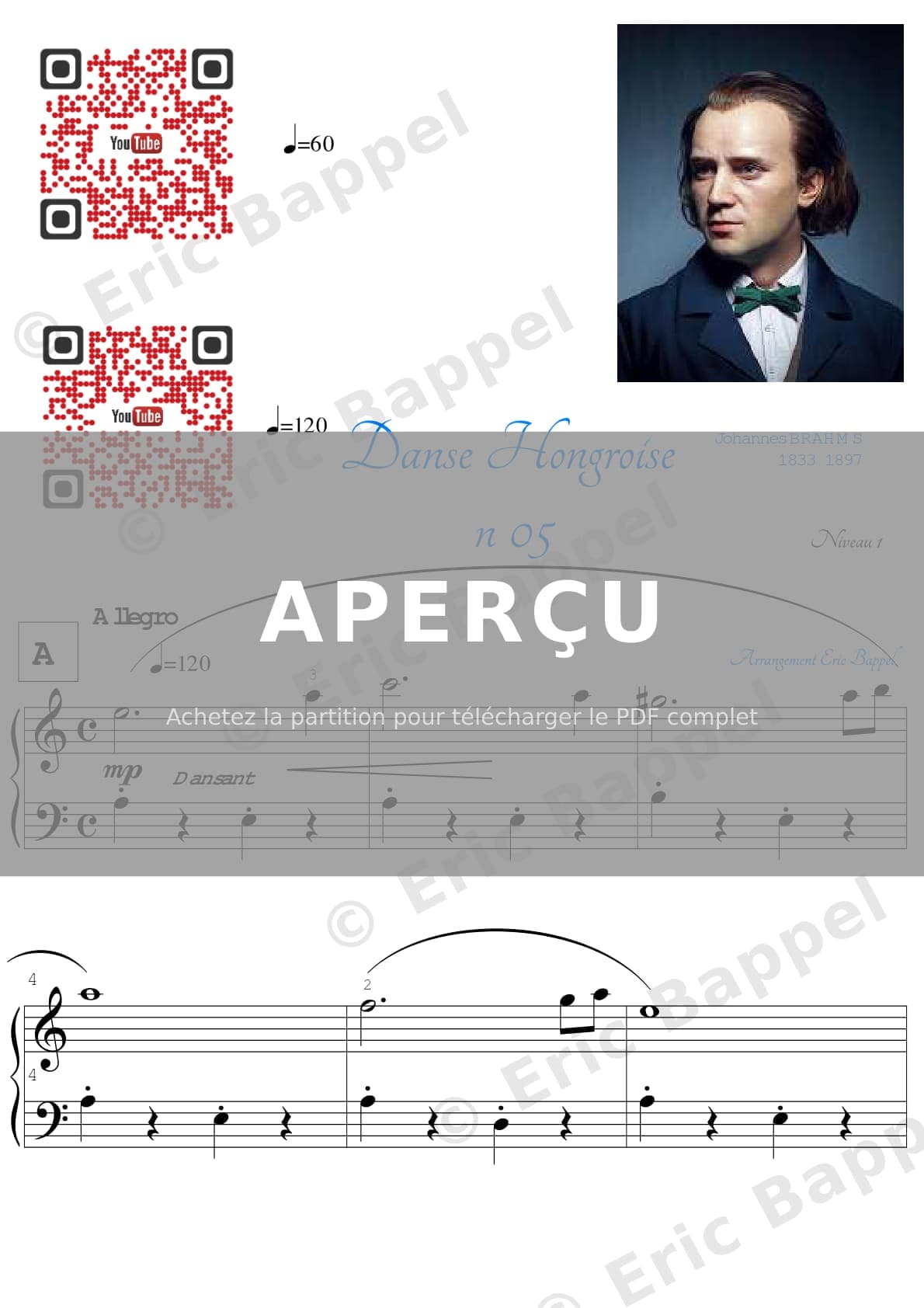 Danse hongroise n° 5, transcrite pour piano en La mineur (niveau 1) — Extrait page 1 sur 2