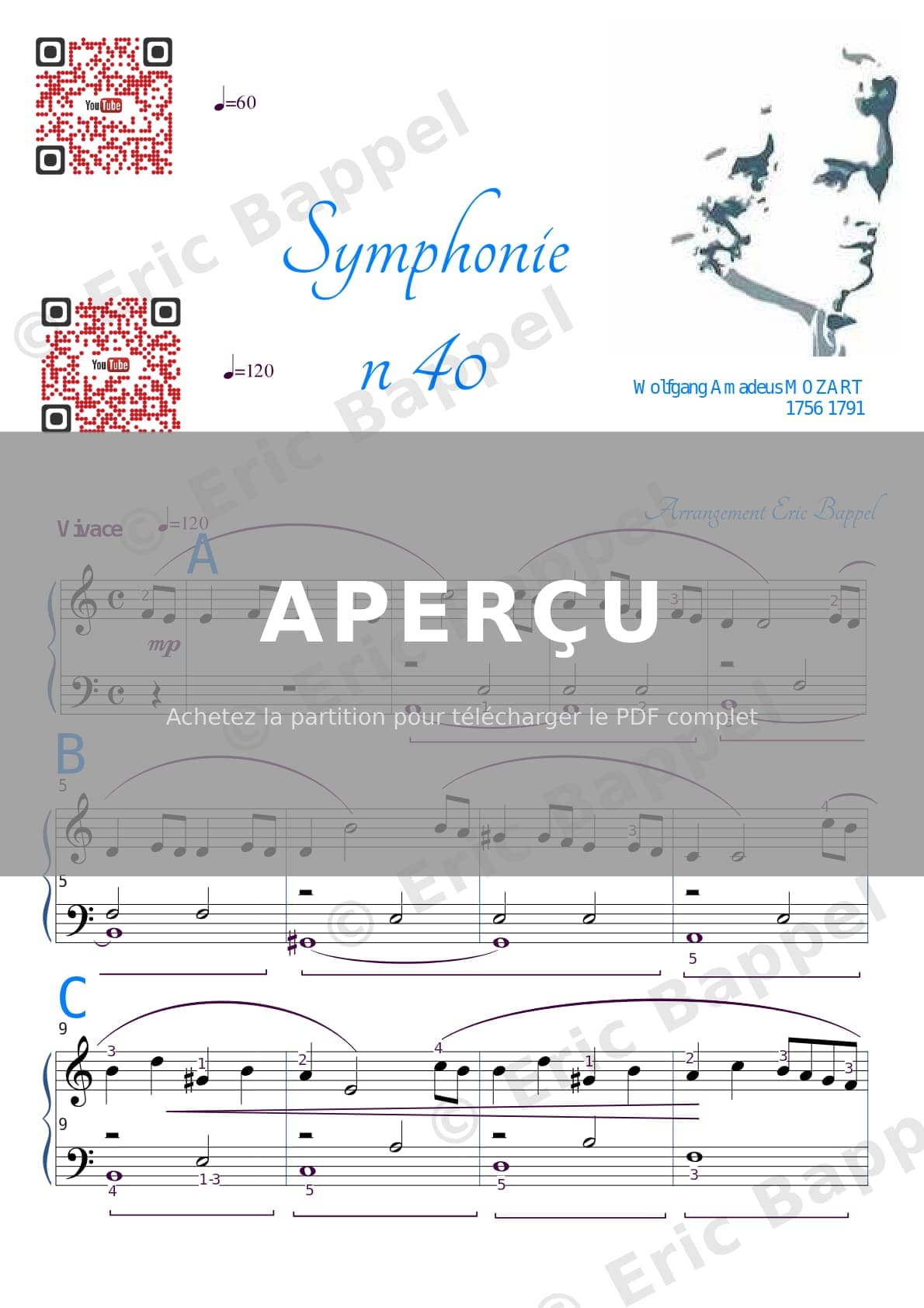 Symphonie No. 40 en Sol mineur, K. 550: I. Molto allegro, transposée en La mineur, version simplifiée — Extrait page 1 sur 2