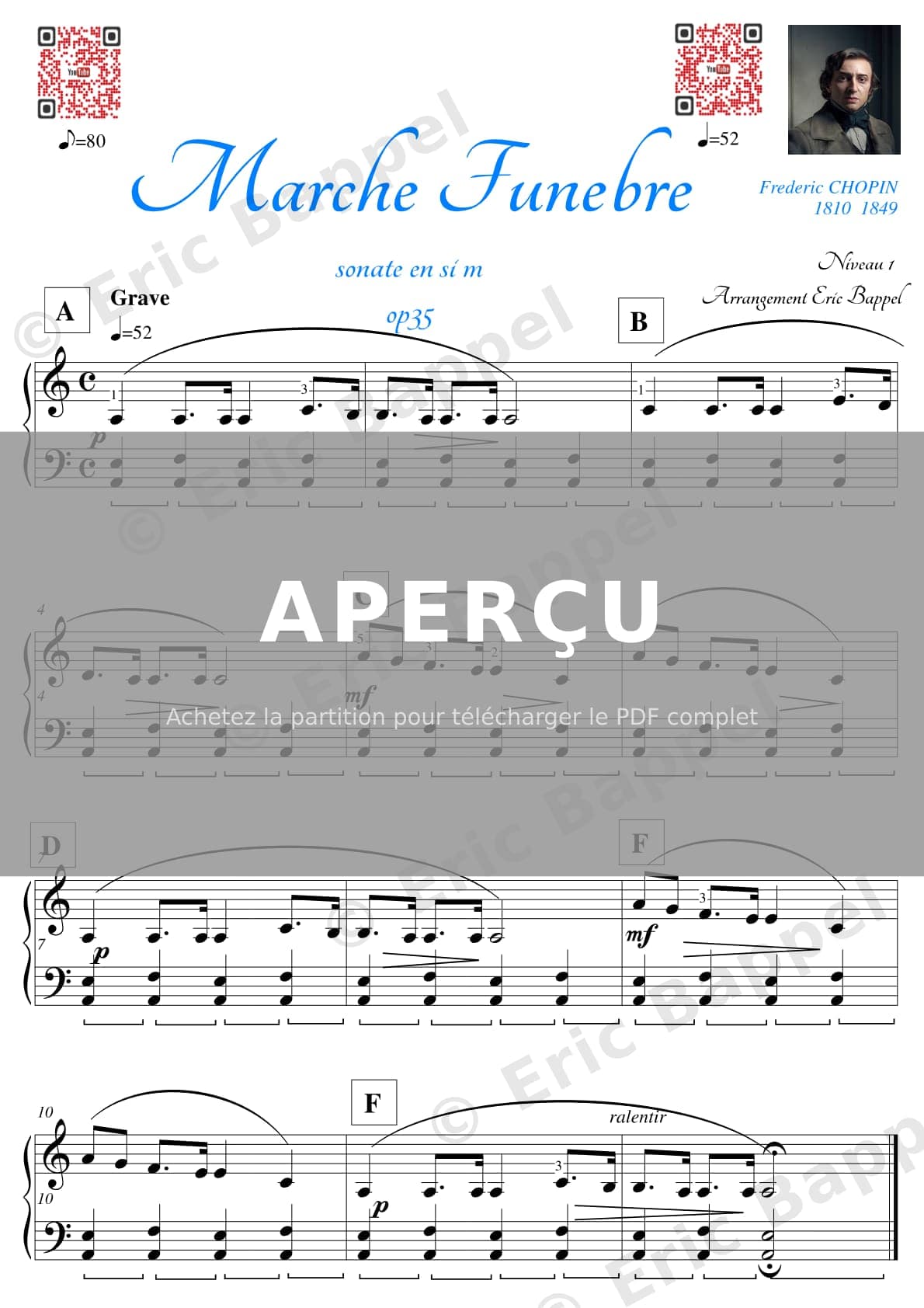 Sonate pour piano n° 2, Op. 35 : Marche funèbre, transposée en La mineur (niveau 1) — Extrait page 1 sur 1