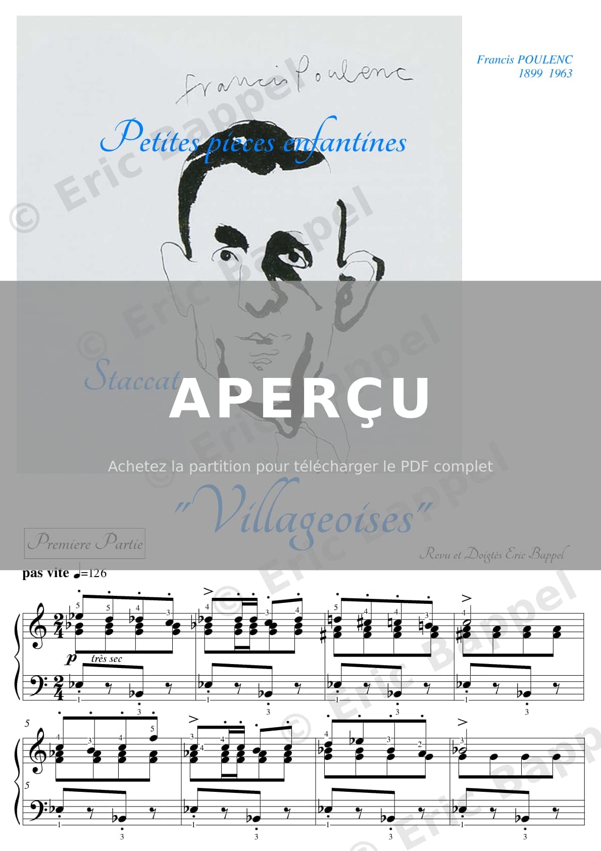 Villageoises, 6 petites pièces enfantines pour piano, FP 65: No. 2, Staccato — Extrait page 1 sur 3