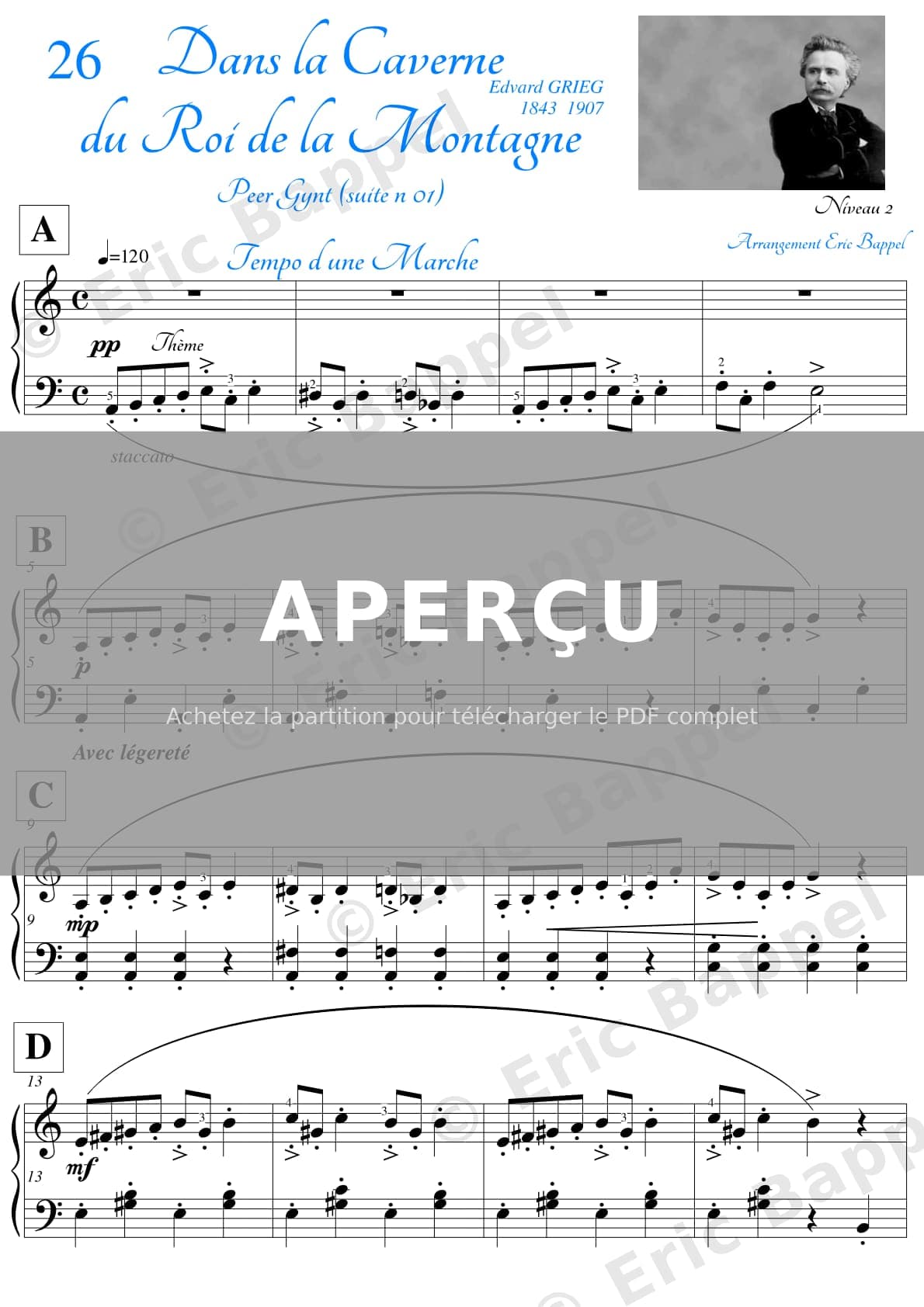 Dans l'antre du roi de la montagne, Peer Gynt, Op. 23, Acte II, transcription pour piano niveau 2 — Extrait page 2 sur 4