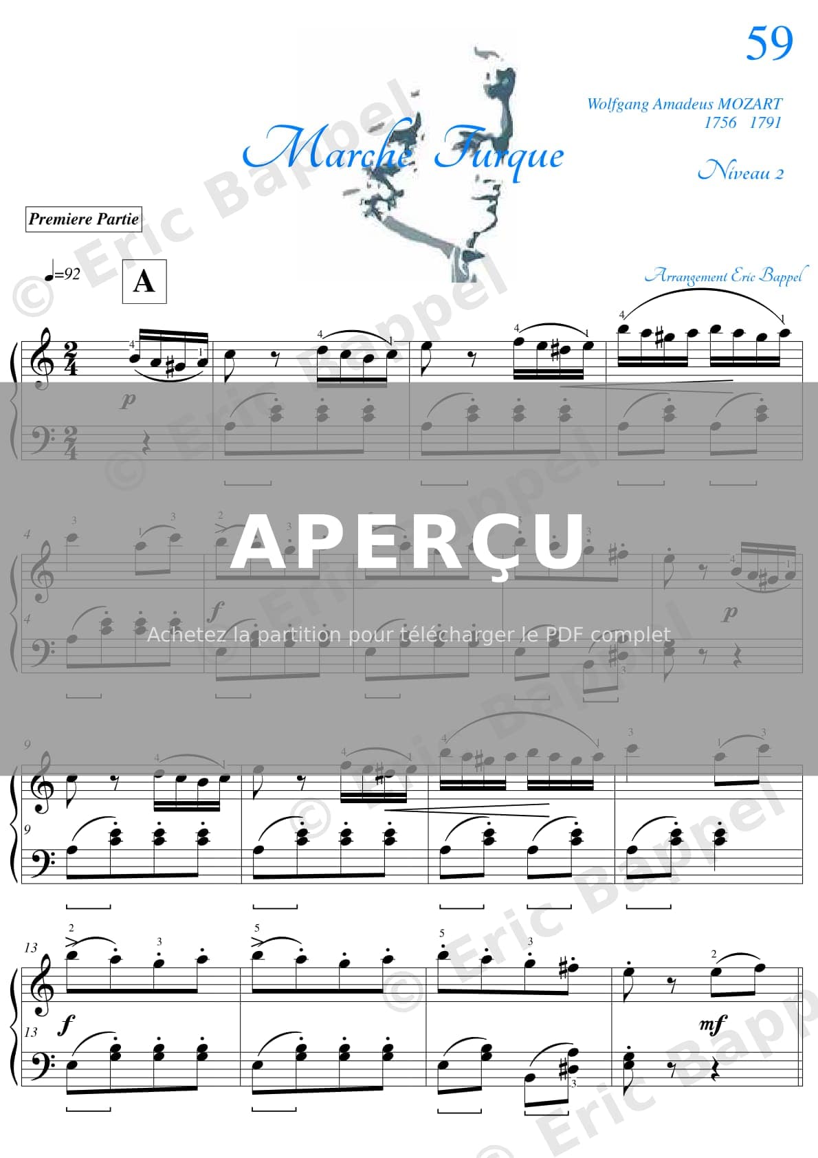 La marche turque, Sonata No. 11 en La M. K. 331 "Alla Turca": III. Rondo alla Turca. Allegretto niveau 2 — Extrait page 1 sur 6