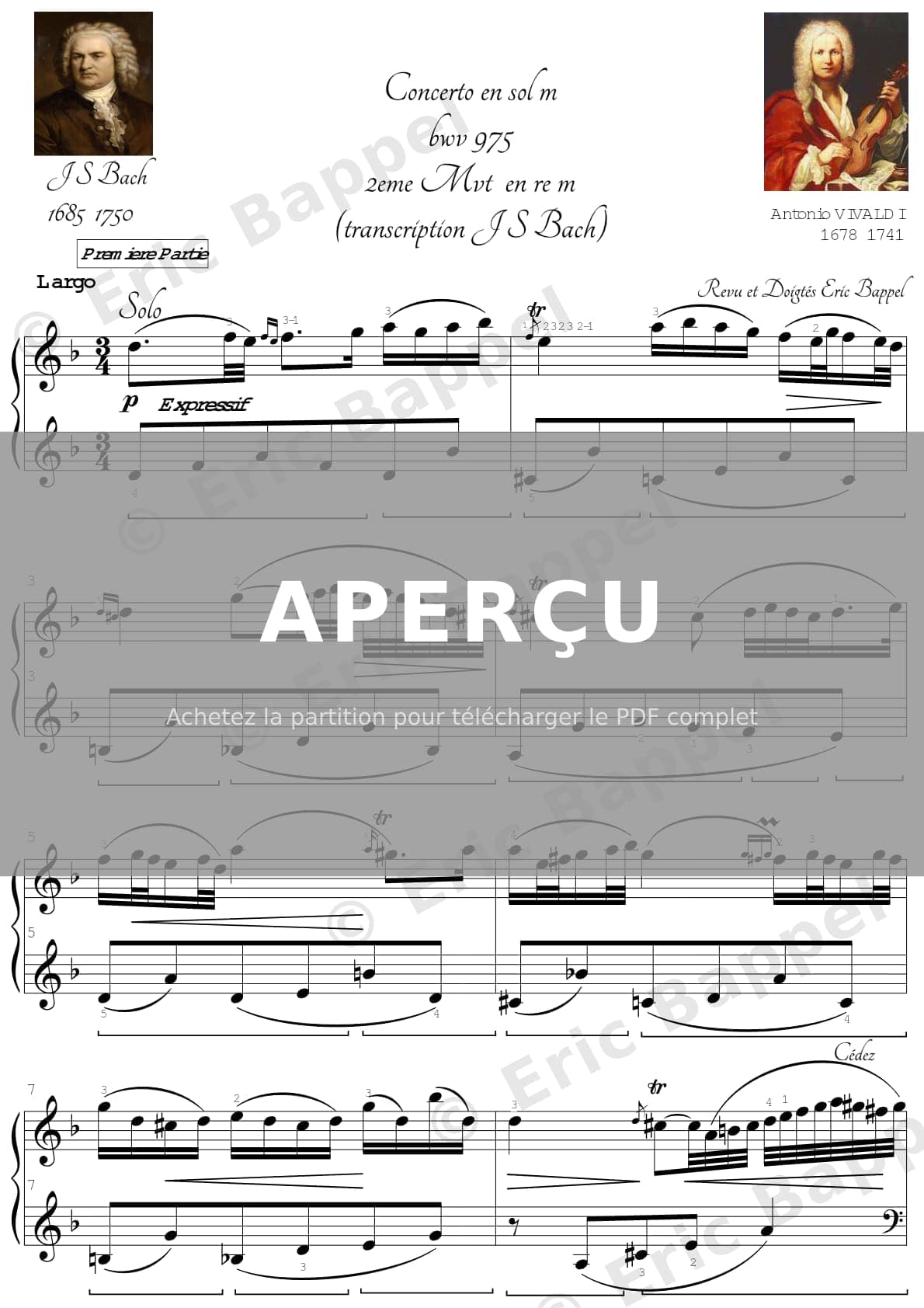 BACH Arrangement du 6e concerto op. 4 pour violon RV 316 d'Antonio Vivaldi en sol mineur, BWV 975: II. Largo — Extrait page 1 sur 6