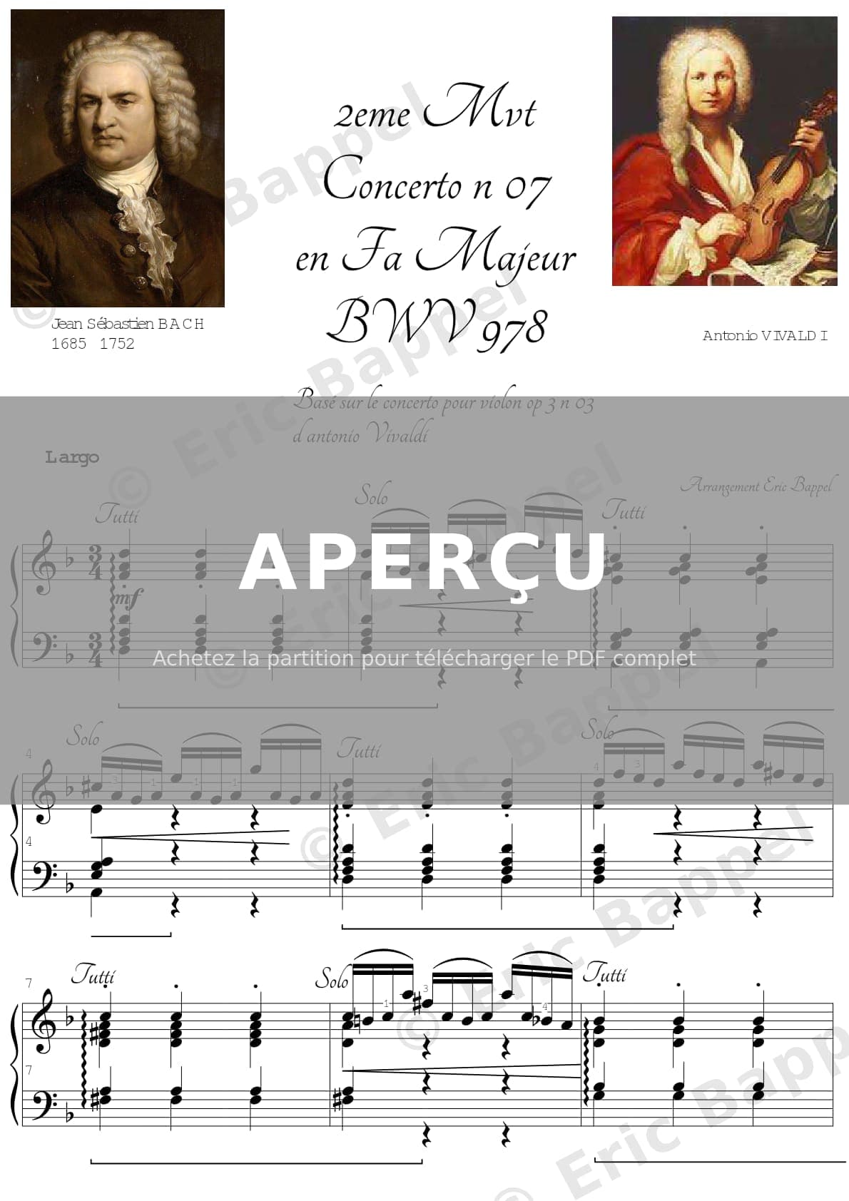 Concerto in F Major, BWV 978: II. Largo Basé sur le concerto pour violon op 3 n 03 d antonio Vivaldi — Extrait page 1 sur 4