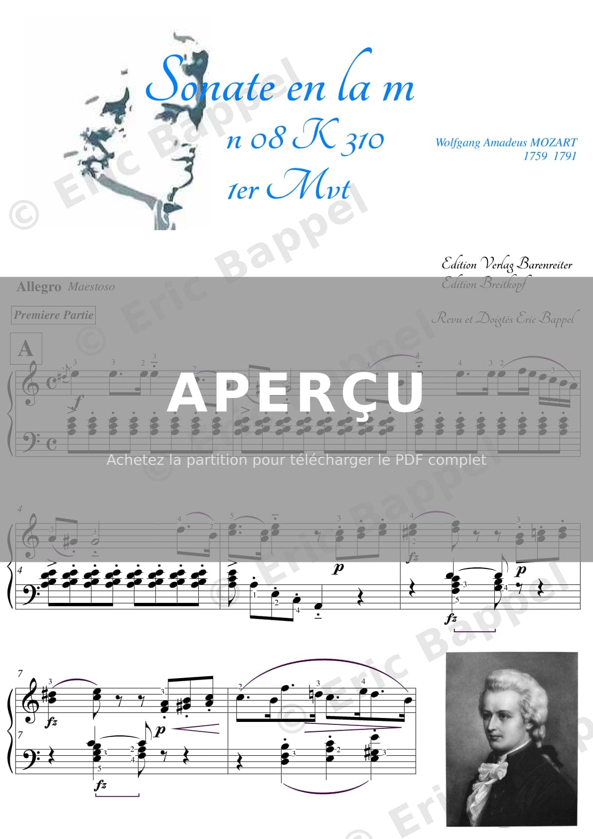 Sonate No. 8 en La mineur K. 310: Premier mouvement. Allegro maestoso — Extrait page 1 sur 15