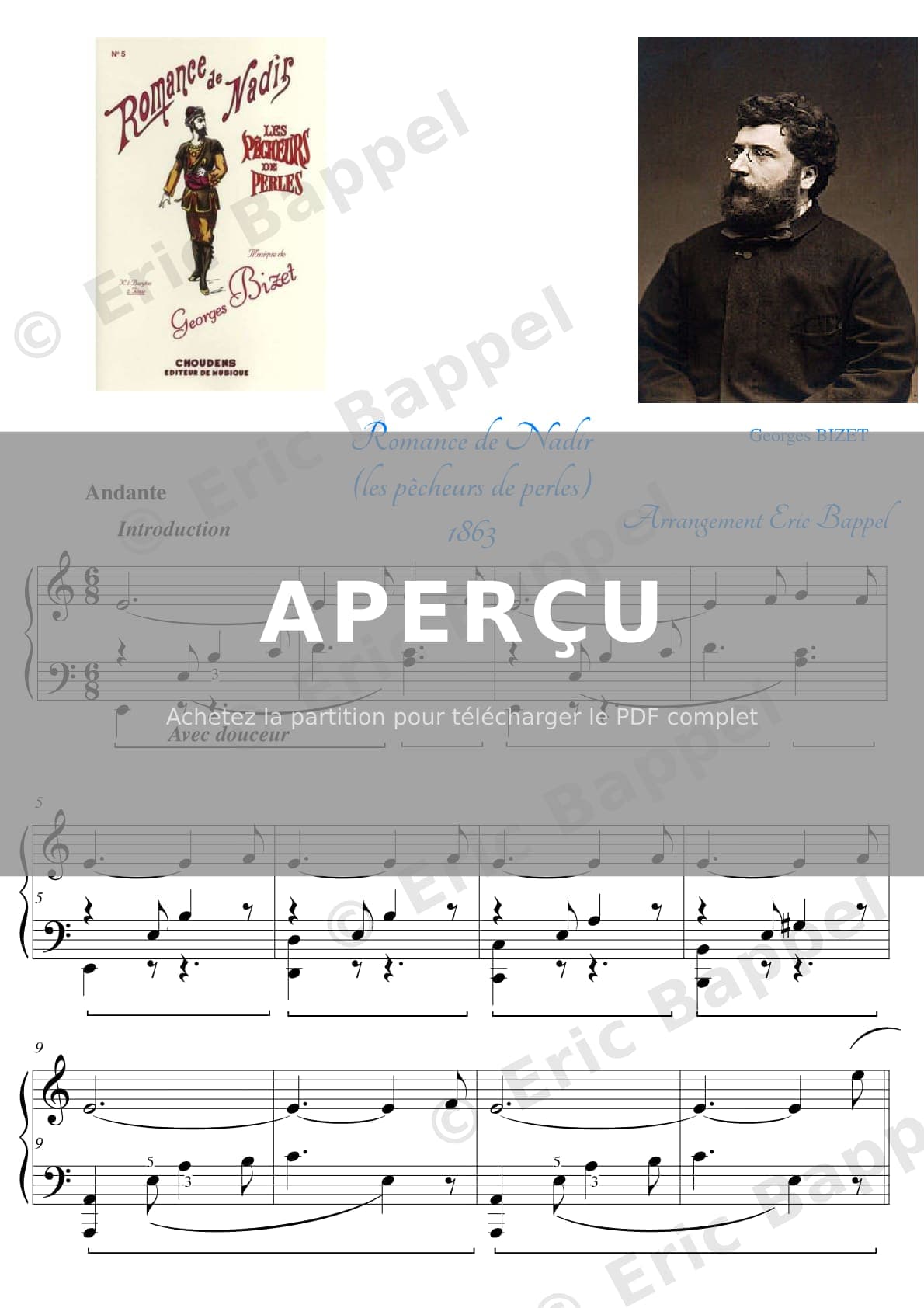 Les pêcheurs de perles, WD 13, Acte 1 : Romance. "Je crois entendre encore" (Nadir), transcrite pour piano — Extrait page 1 sur 6