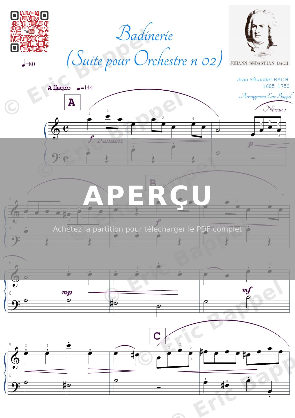 Orchestral Suite No. 2 In B Minor, BWV 1067: VII. Badinerie trans cription pour piano en la m niveau 1 — Extrait page 1 sur 2
