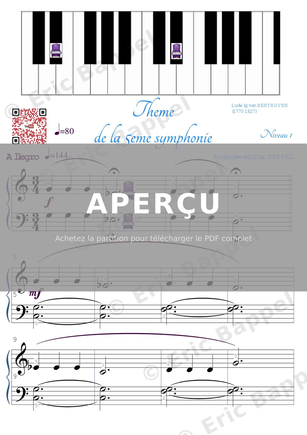 Symphonie n° 5 en Do mineur, Op. 67, arrangement pour piano (niveau 1) — Extrait page 1 sur 2