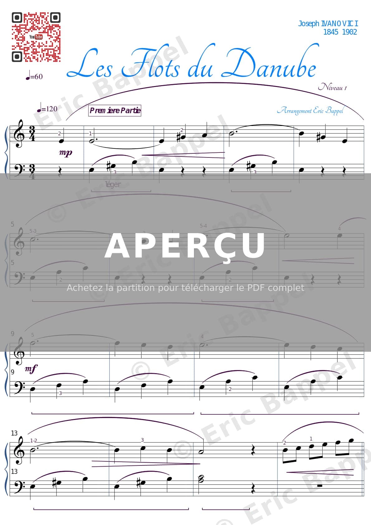 Les Flots du Danube, transcription pour piano en La mineur niveau 1 — Extrait page 1 sur 2