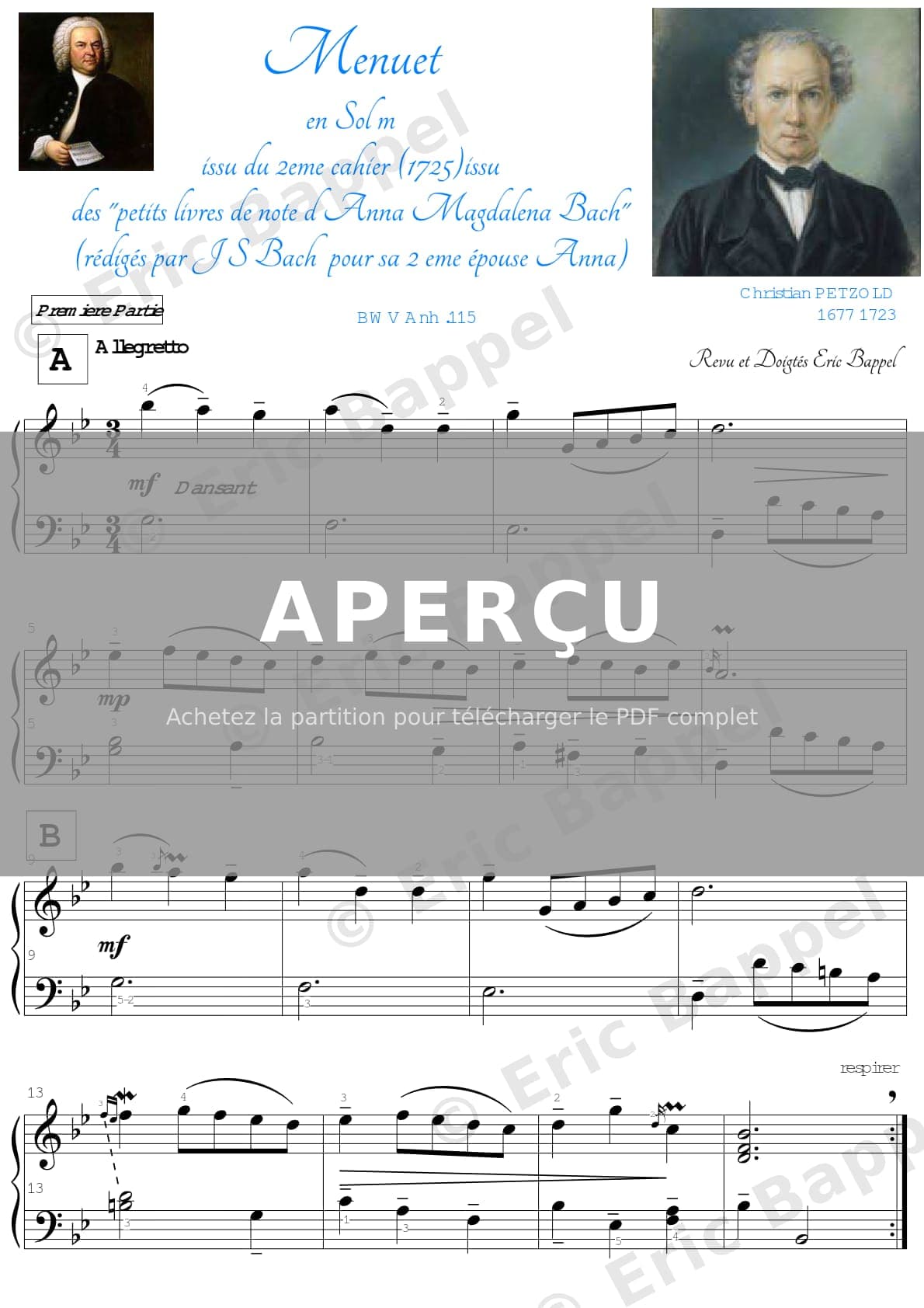Petzold Christian (Anna Magdalena Bach) : Menuet en Sol mineur, BWV Anh. 115 — Extrait page 1 sur 3