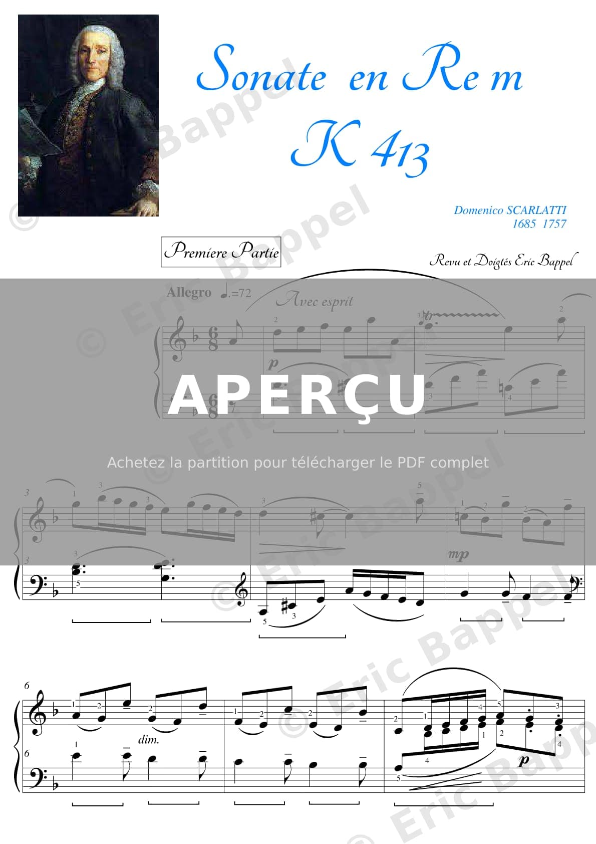 Allegro en Ré mineur, Sonate pour clavecin K. 9, L. 413 — Extrait page 1 sur 6
