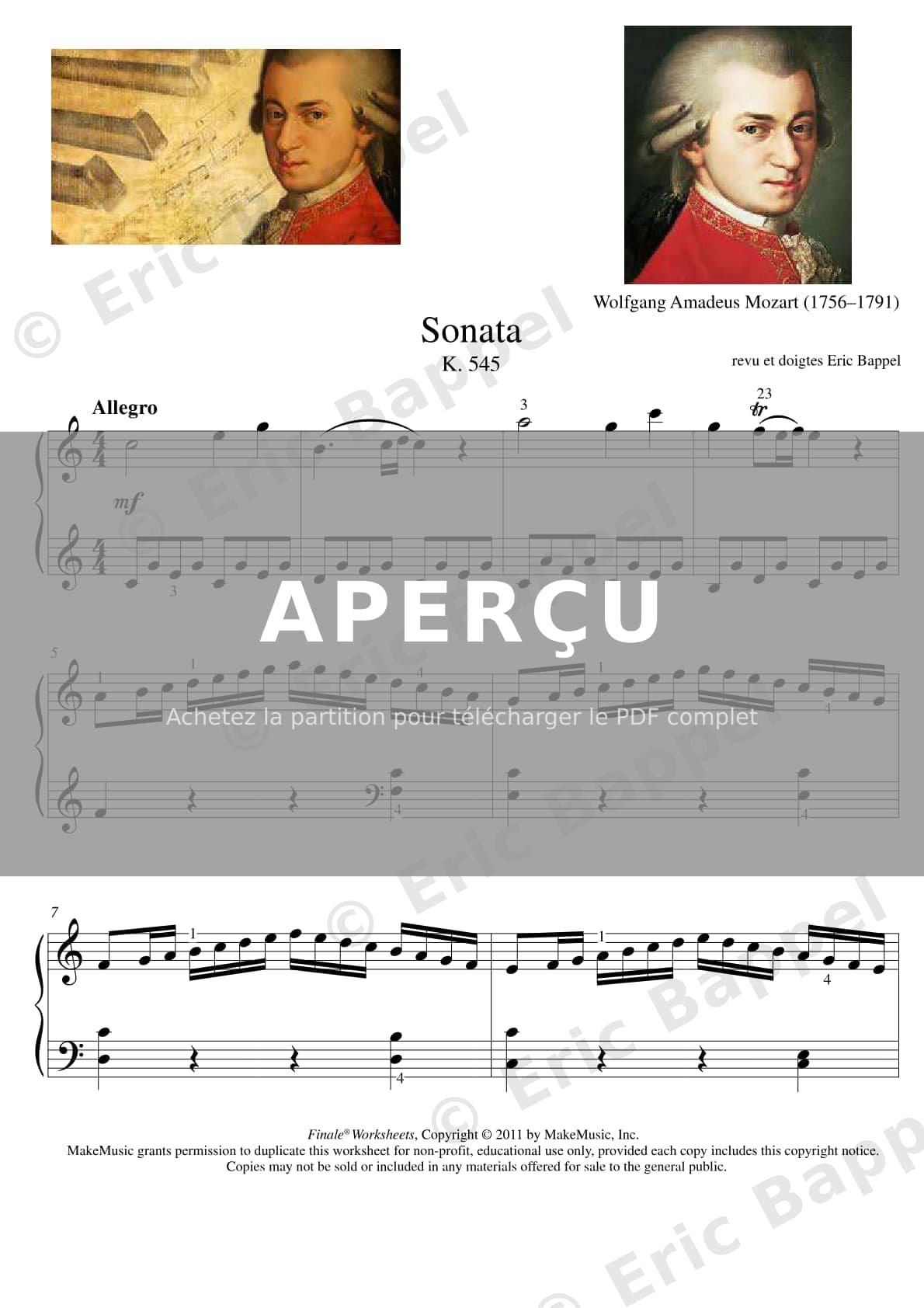 Sonate No. 16 en Do majeur, K. 545 "Sonata facile": Premier mouvement Allegro — Extrait page 1 sur 9
