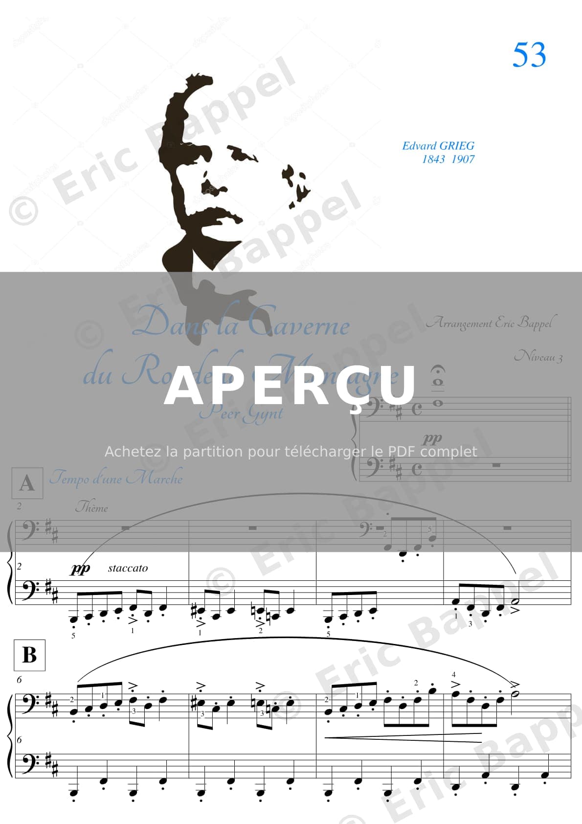 Dans l'antre du roi de la montagne, Peer Gynt, Op. 23, Acte II, transcription pour piano niveau 3 en Si mineur — Extrait page 1 sur 4