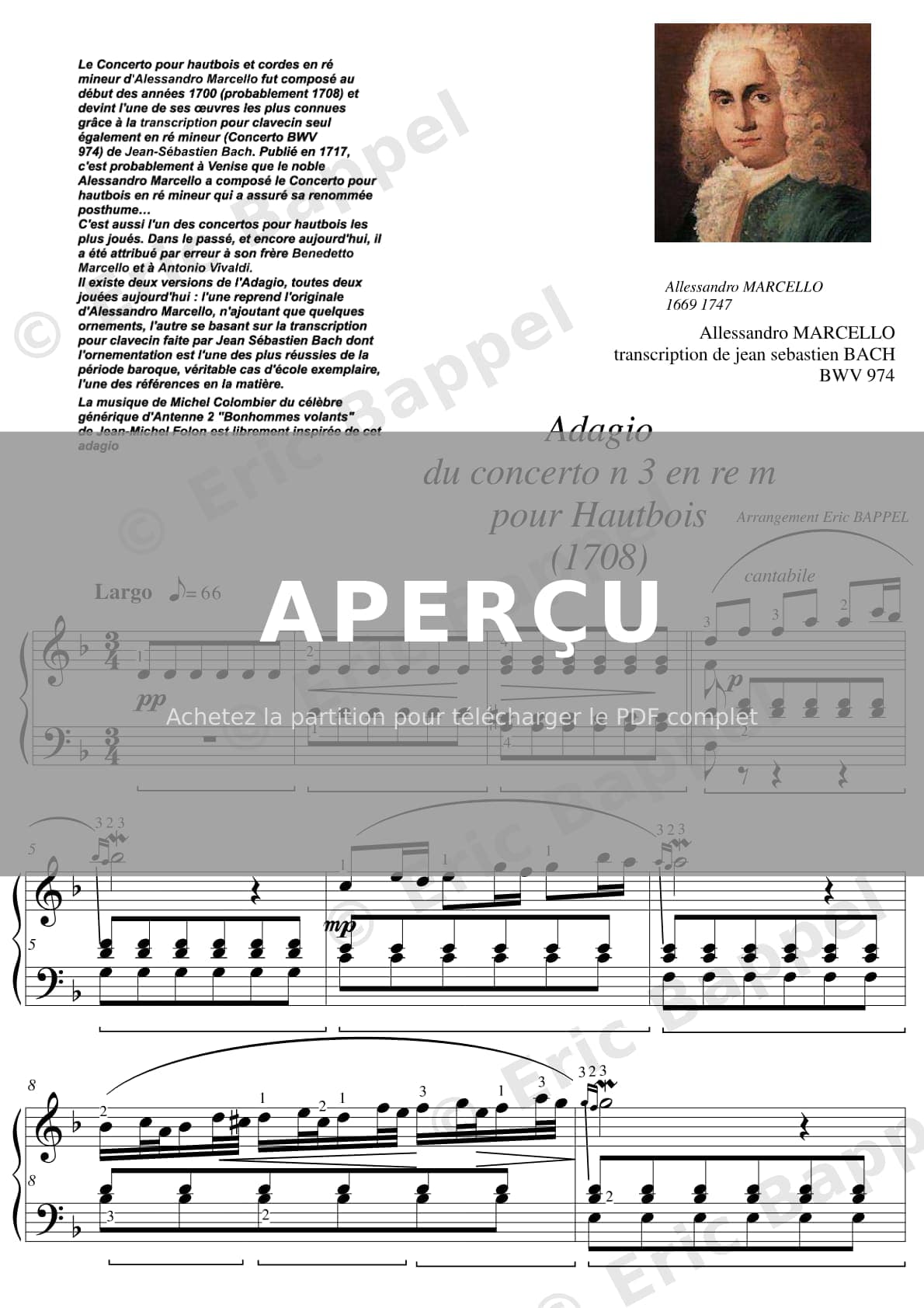 Transcription du Concerto pour hautbois BWV 974, 2ème mvt Adagio (Marcello) — Extrait page 1 sur 5