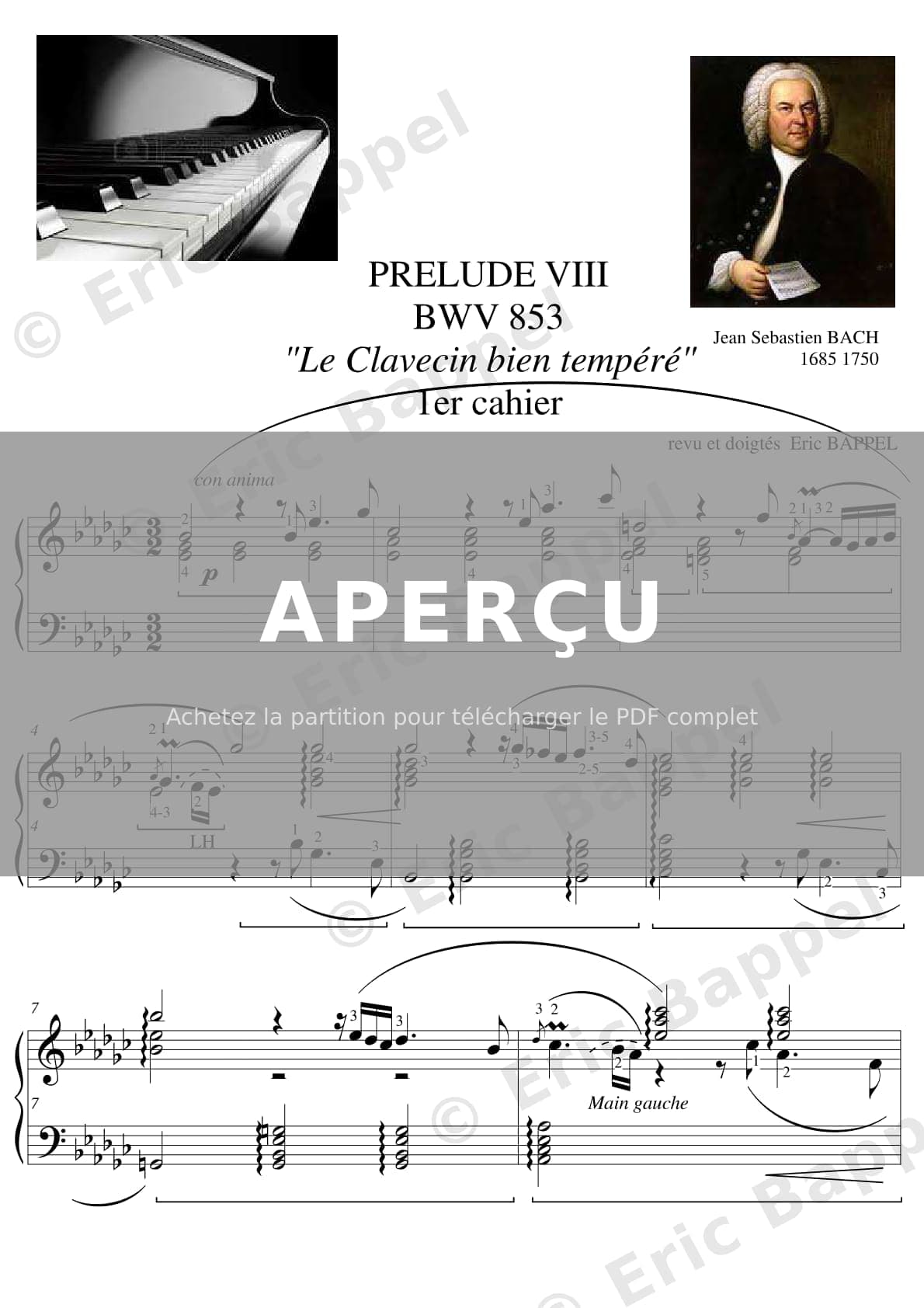 PRELUDE VIII BWV 853 "Le Clavecin bien tempéré" 1er cahier en mib m — Extrait page 1 sur 5