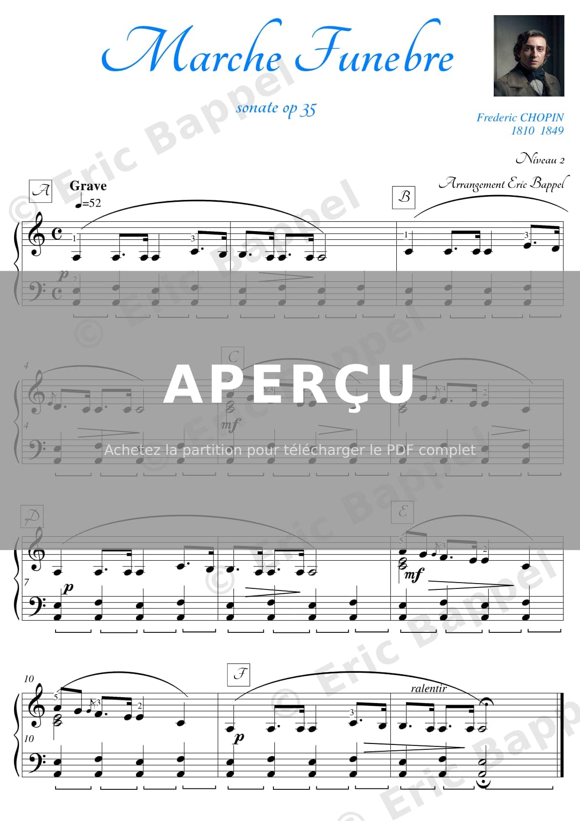 Sonate pour piano n° 2, Op. 35 : Marche funèbre, transposée en La mineur (niveau 2) — Extrait page 1 sur 1