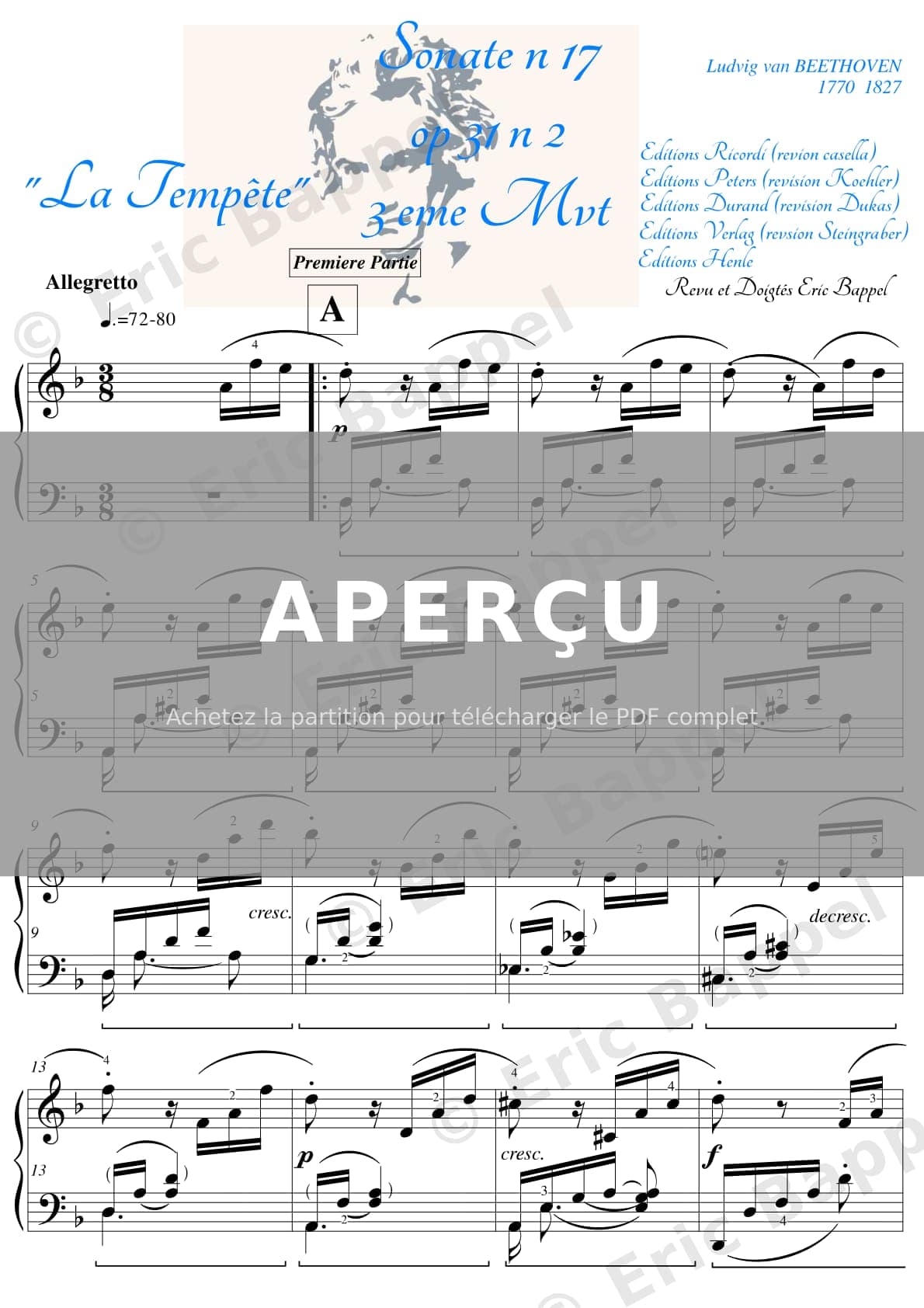 Sonate « La Tempête » en Ré mineur n° 17, Op. 31 n° 2, troisième mouvement. Allegretto, version originale — Extrait page 1 sur 24