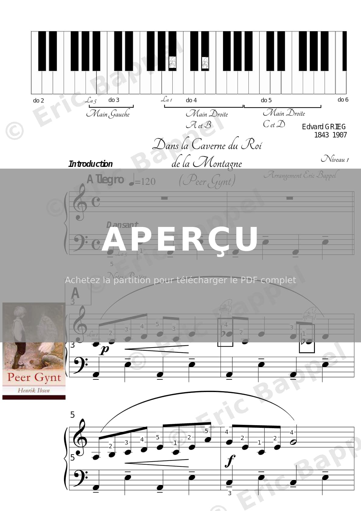 Dans l'antre du roi de la montagne, Peer Gynt, Op. 23, Acte II transcription pour piano niveau 1 — Extrait page 1 sur 3