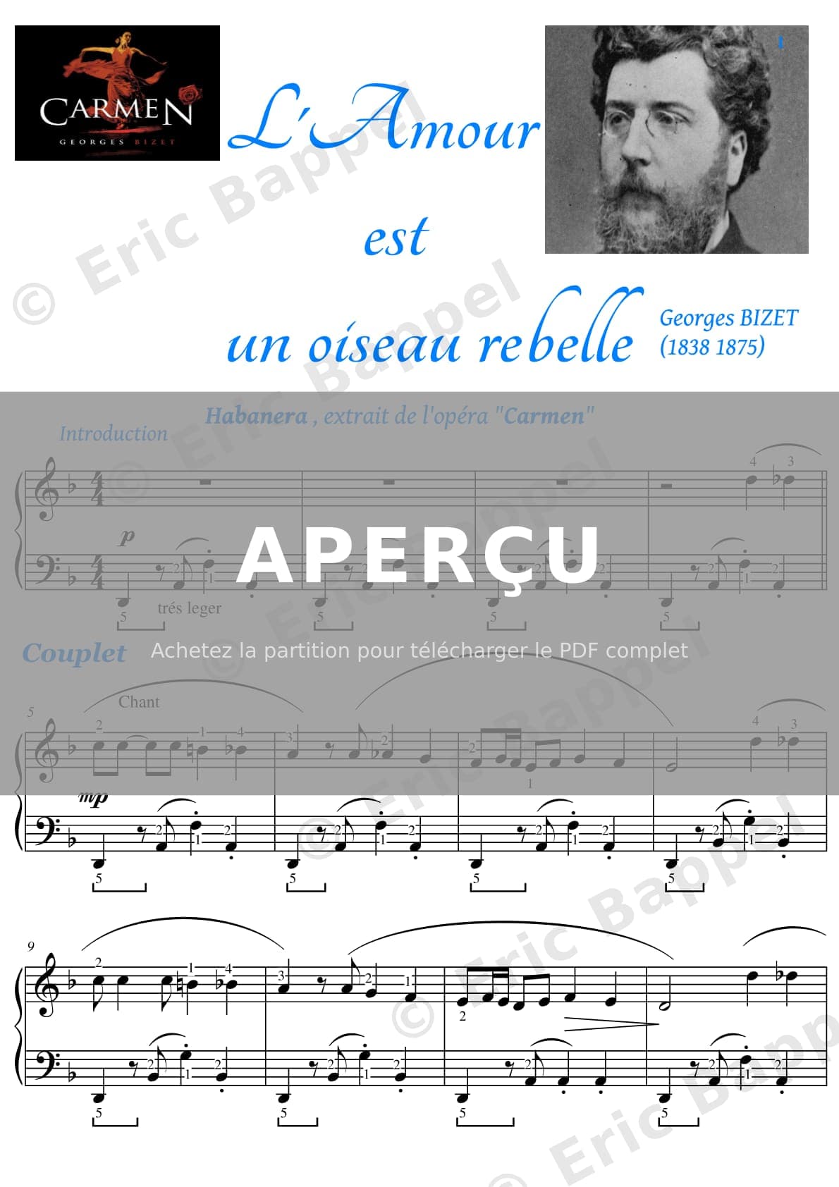 Carmen, WD 31, Acte 1 : Habanera. "L'amour est un oiseau rebelle" (Carmen, Chœur), transcrit pour piano — Extrait page 1 sur 4