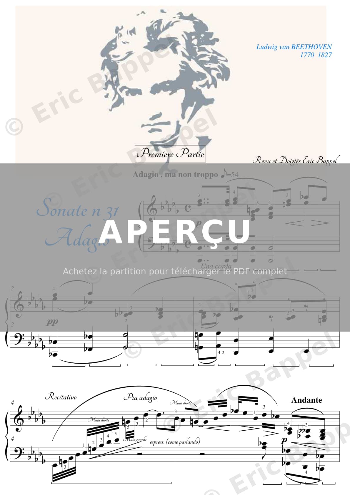 Sonate n° 31 en La bémol majeur, Op. 110, Troisième Mouvement. Adagio ma non troppo — Extrait page 1 sur 5