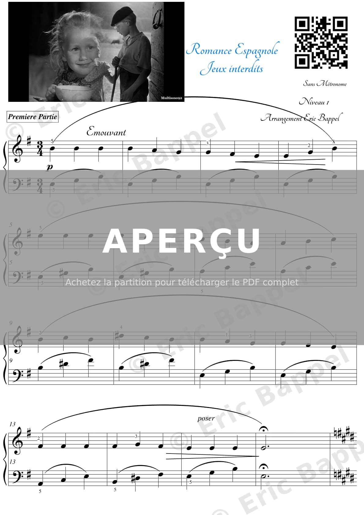 Jeux interdits, transcription pour piano niveau 3 — Extrait page 1 sur 3