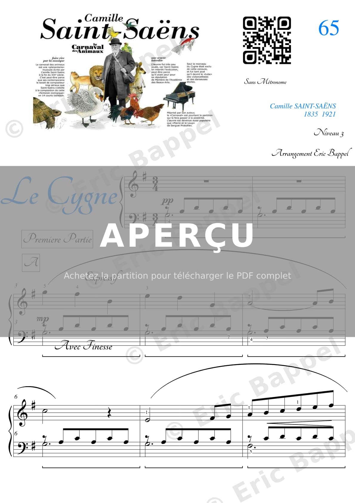 Le Cygne, Le Carnaval des Animaux: No. XIII Niveau 3 — Extrait page 1 sur 6