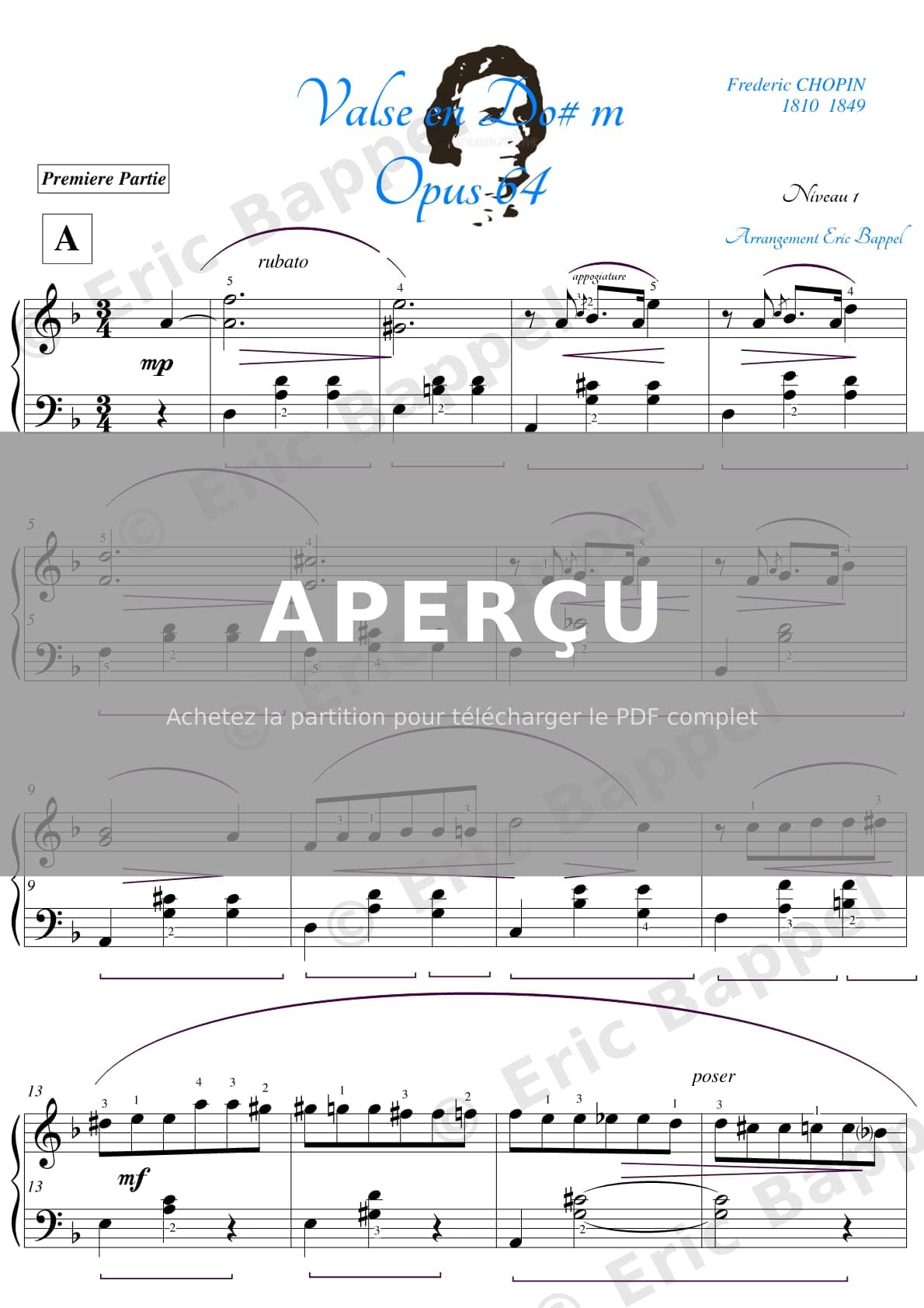 Valse Op. 64 - n° 2 en Do dièse mineur, version simplifiée en Ré mineur — Extrait page 1 sur 4