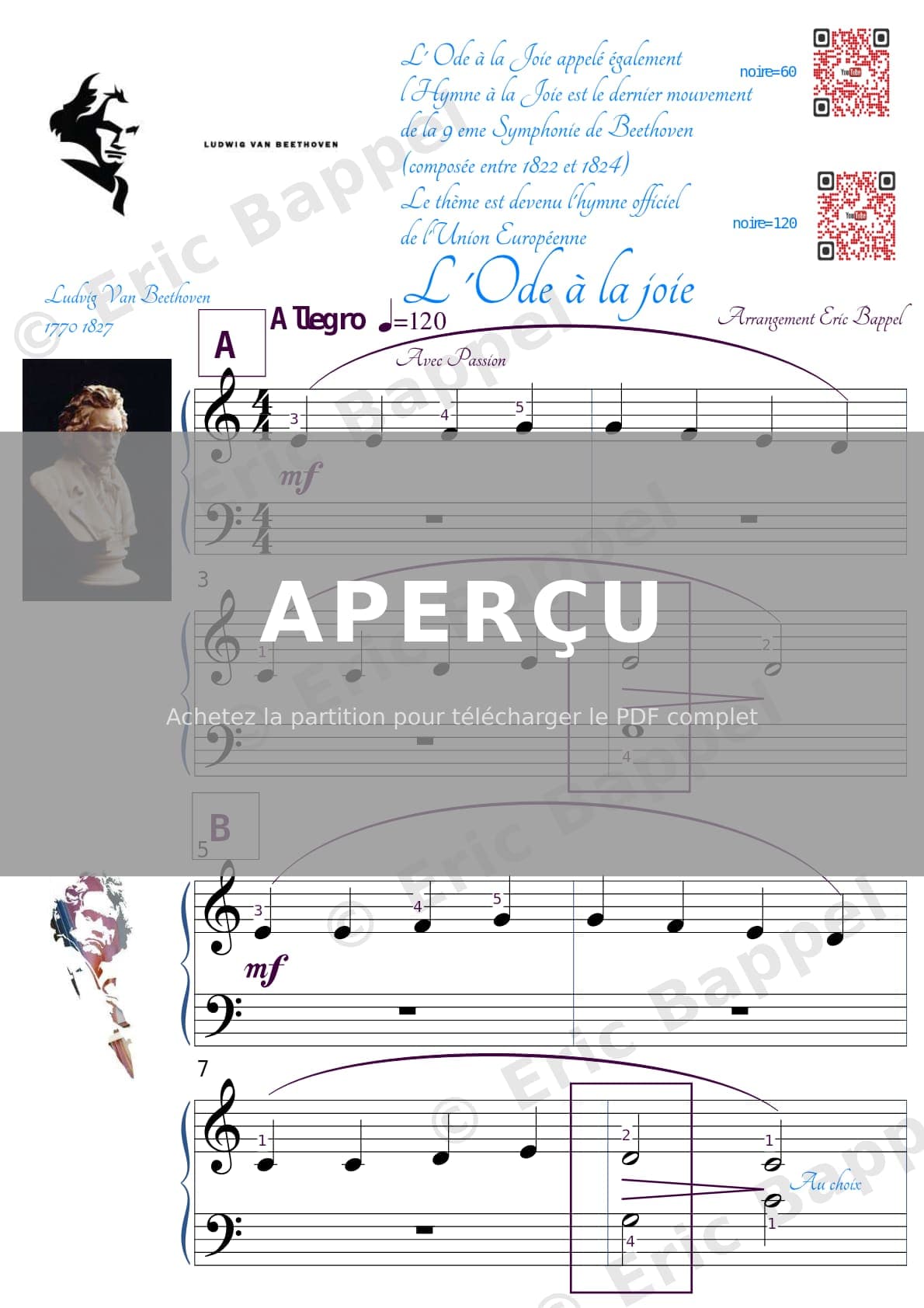 L'Ode à la joie, transcription pour piano niveau 1 — Extrait page 2 sur 3