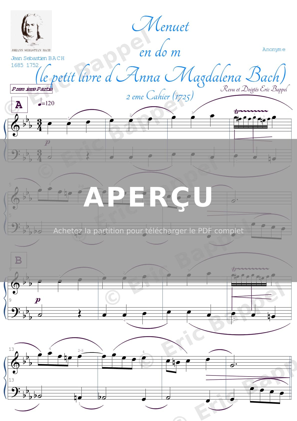BACH (anonyme ) Menuet en DO m (petits livres d Anna Magdalena BACH) — Extrait page 1 sur 4