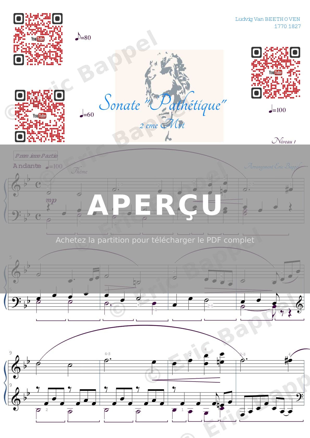 Sonate « Pathétique », Op. 13, deuxième mouvement. Adagio (niveau 1, transposée en Si bémol majeur) — Extrait page 1 sur 3