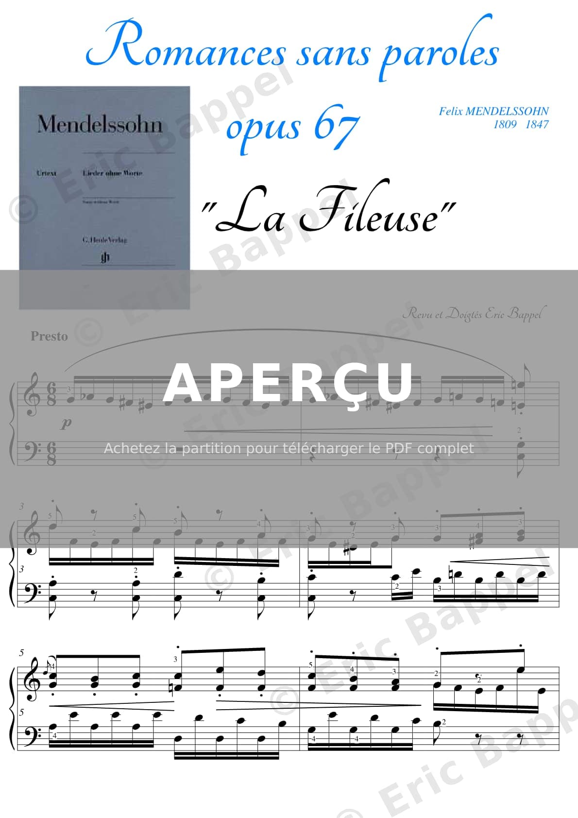 Romances sans paroles, Presto en Do majeur, Op. 67 No. 4, La fileuse — Extrait page 1 sur 12