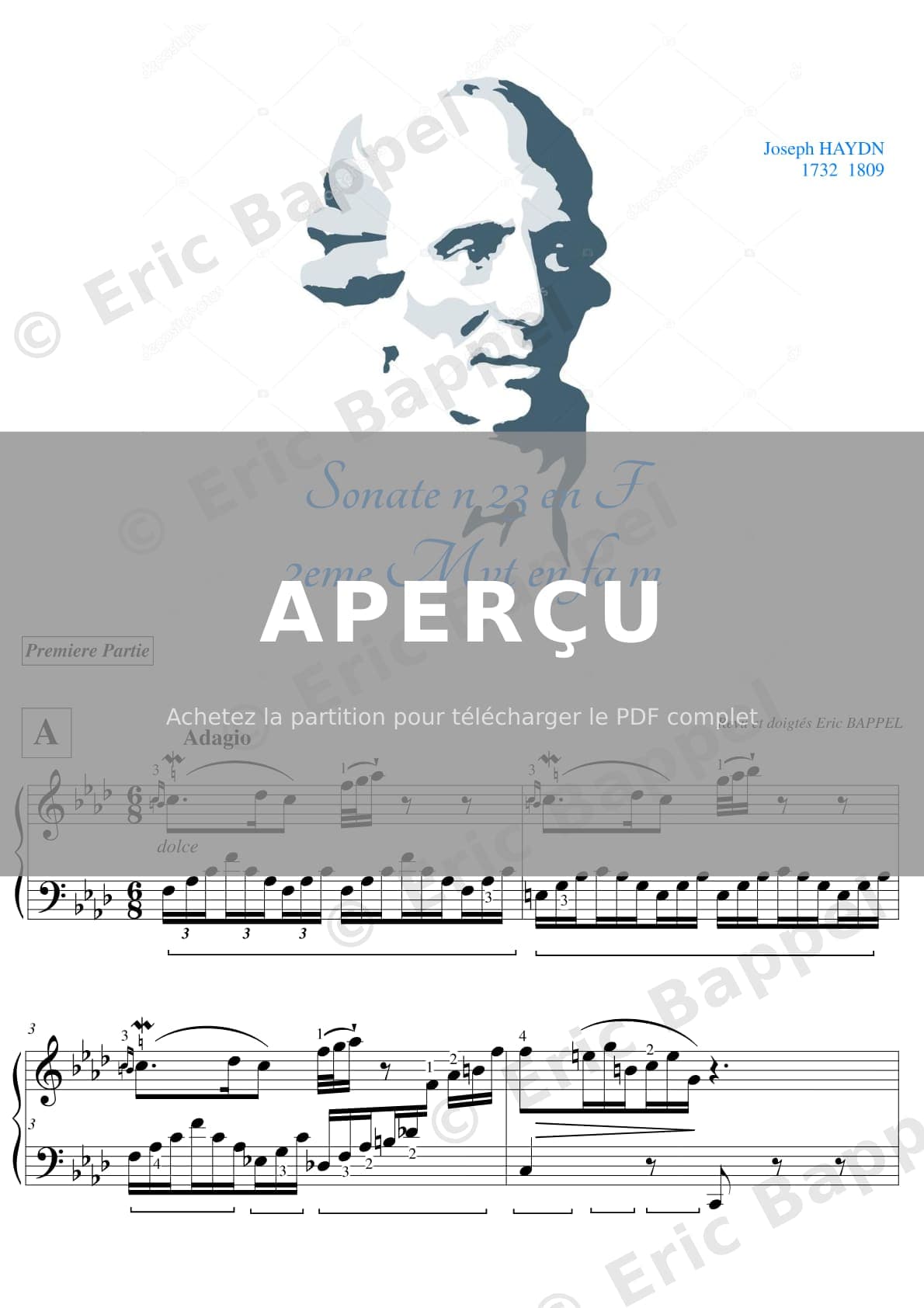 Adagio en Fa mineur, Sonate No. 38 en Fa majeur, HOB. XVI/23 — Extrait page 1 sur 6