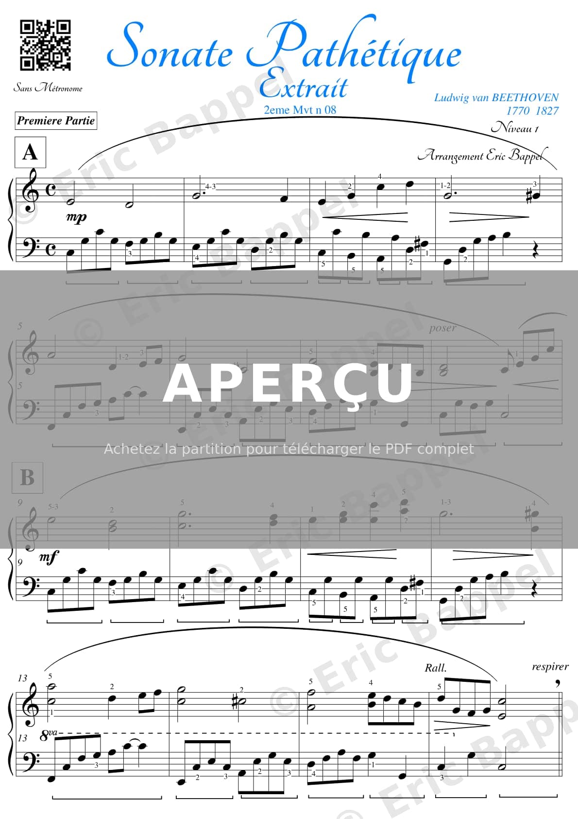 Sonate « Pathétique », Op. 13: Deuxième mouvement. Adagio, (niveau 1, transcrit en Do majeur) — Extrait page 1 sur 3