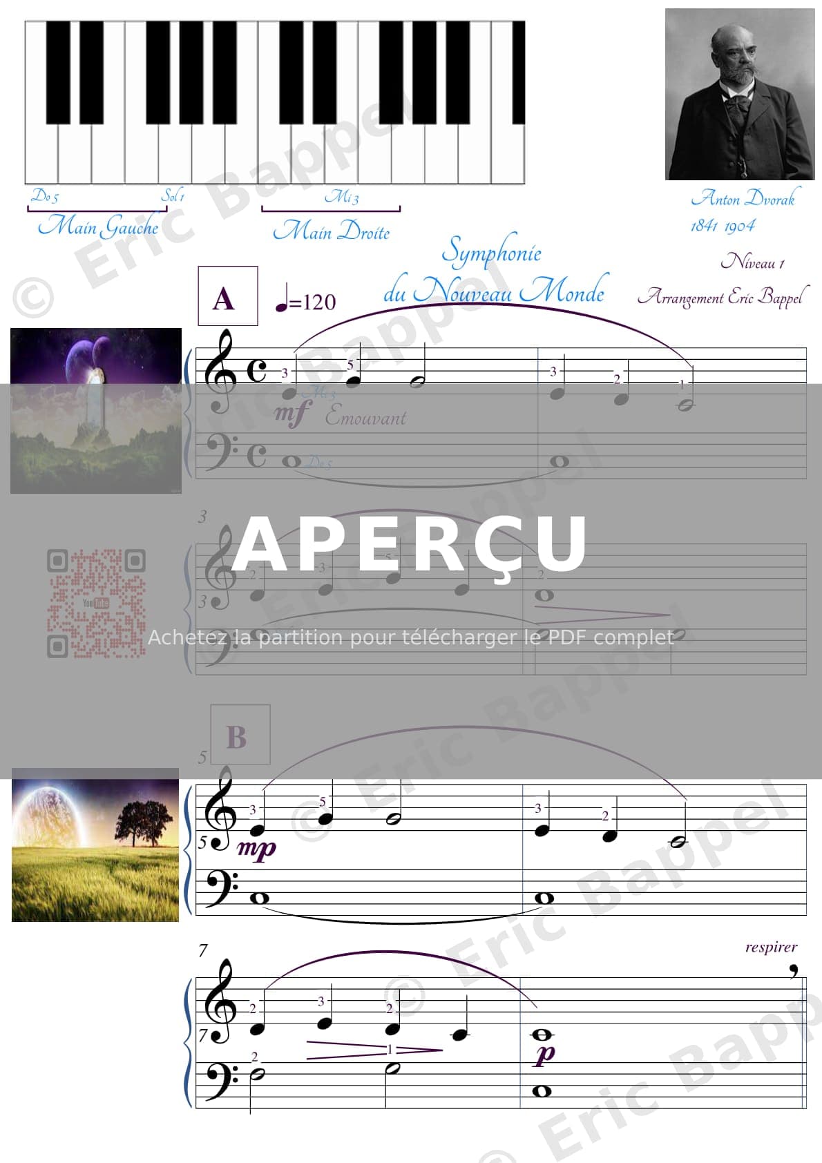 Symphonie No. 9 en Mi mineur, Op. 95 "Du Nouveau Monde": II. Largo transcrit pour piano niveau 1 — Extrait page 2 sur 5