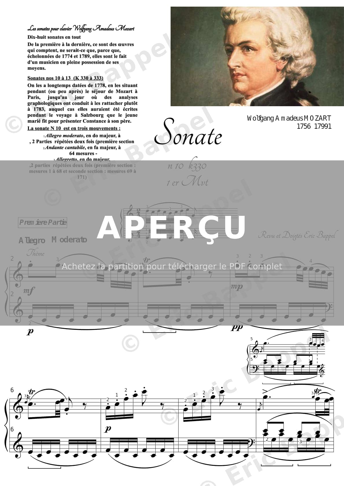 Sonate No. 10 en Do majeur, K. 330 (Allegro Moderato) — Extrait page 1 sur 13