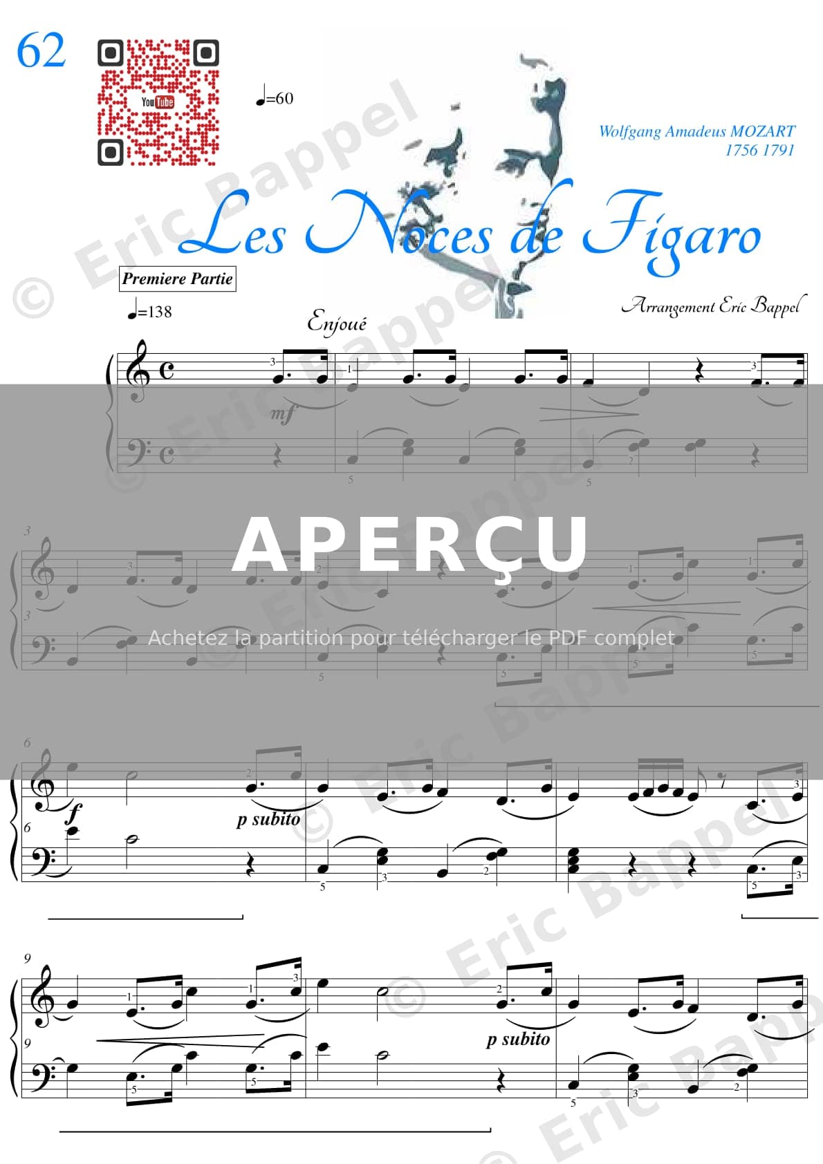 Les Noces de Figaro, thème transcrit pour piano — Extrait page 2 sur 4
