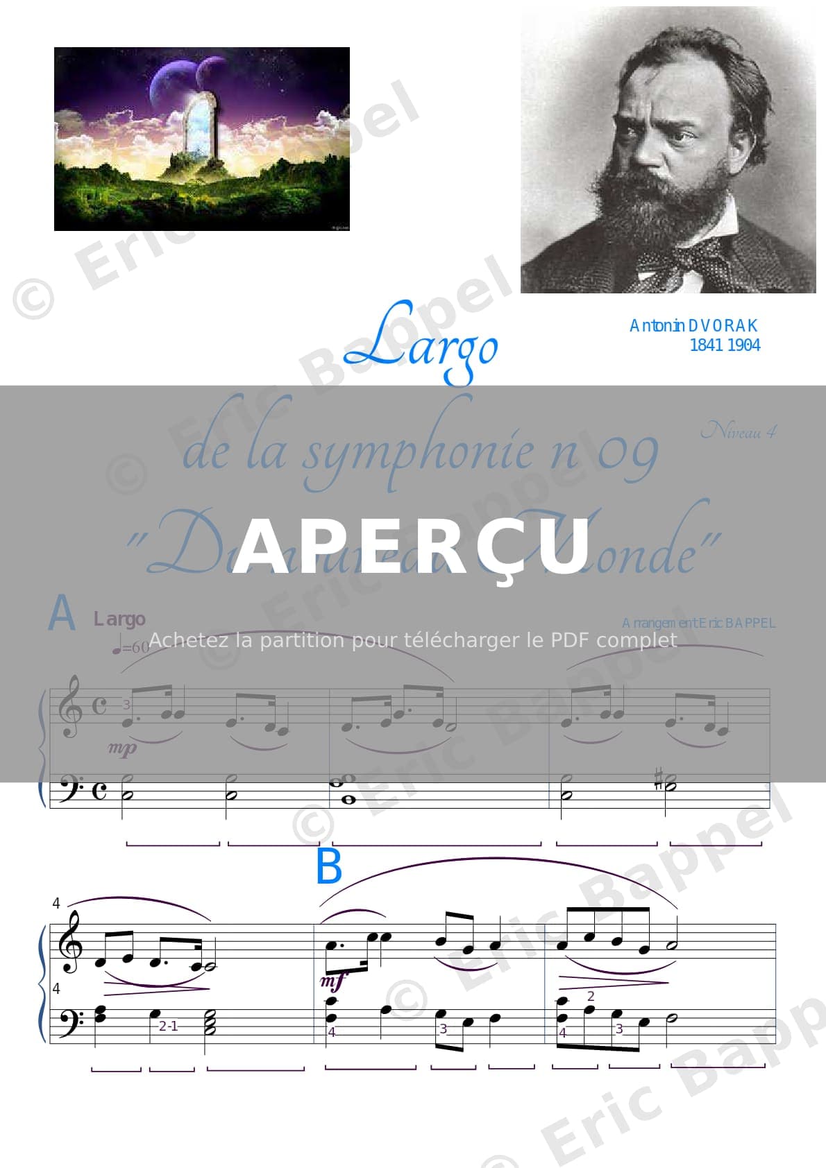 Symphonie No. 9 en Mi mineur, Op. 95 "Du Nouveau Monde", II. Largo transcrit pour piano niveau 4 — Extrait page 1 sur 2