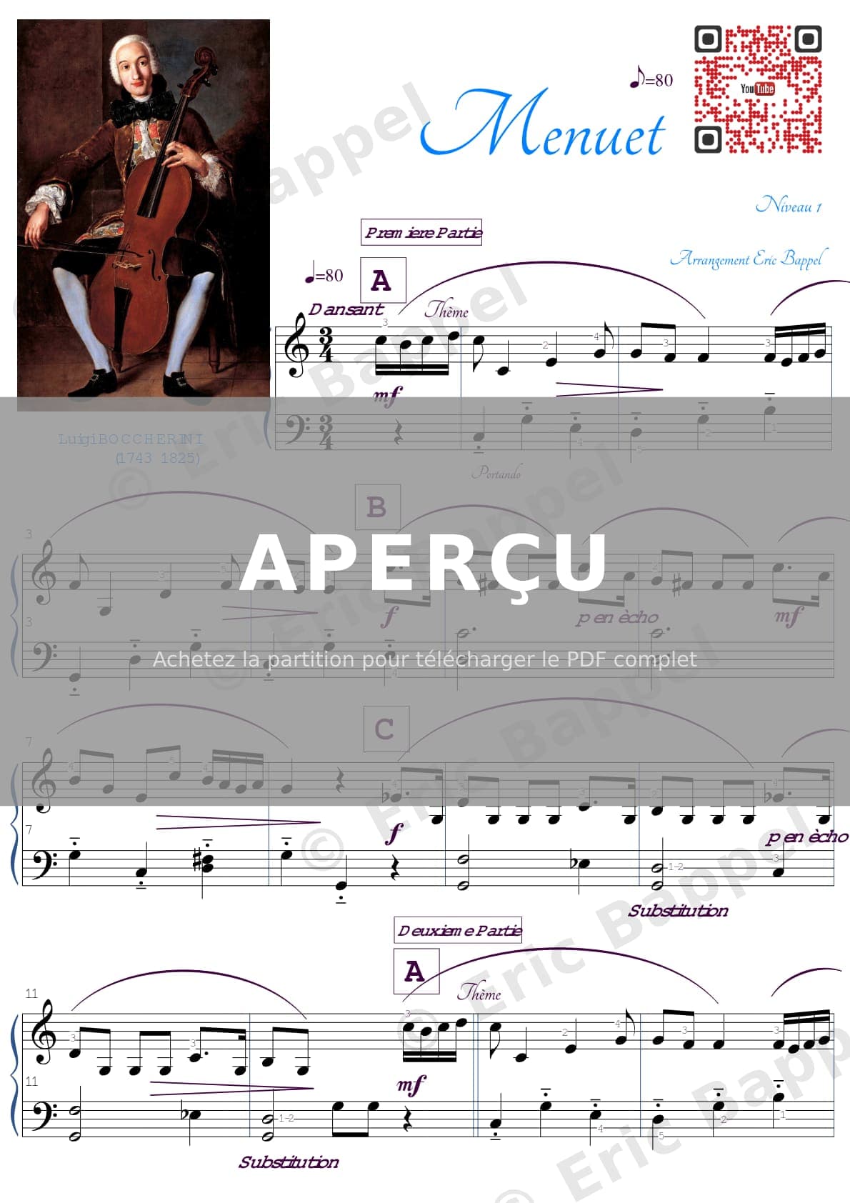 Quintette à cordes, Op. 11 n° 5 G. 275 (Op. 11/5) : Menuet, transcription pour piano (niveau 1) — Extrait page 1 sur 2