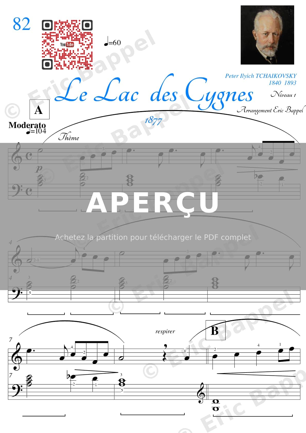Le Lac des cygnes, niveau 1, transposé en La mineur — Extrait page 2 sur 4