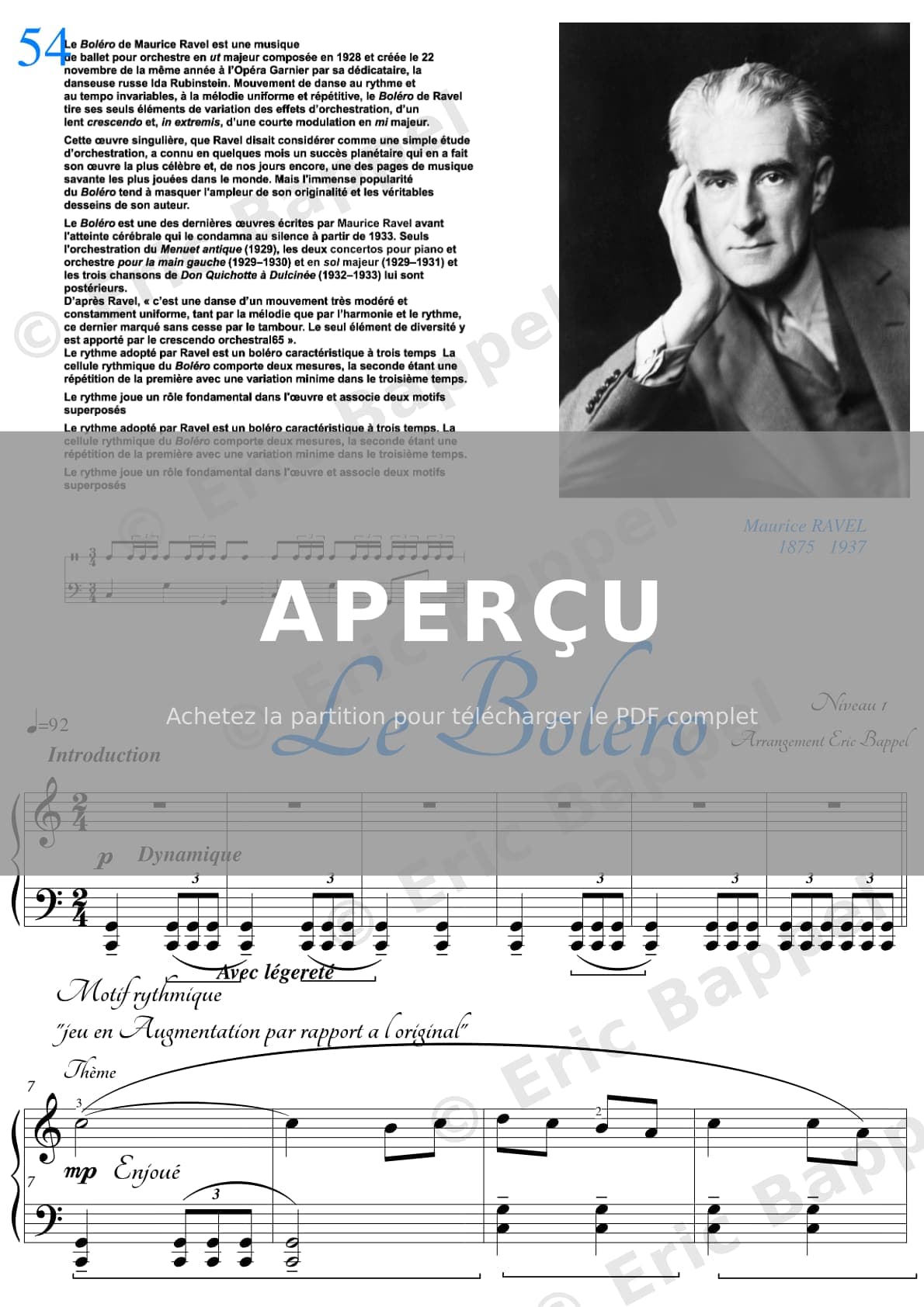 Bolero, thème transcription pour piano — Extrait page 2 sur 6