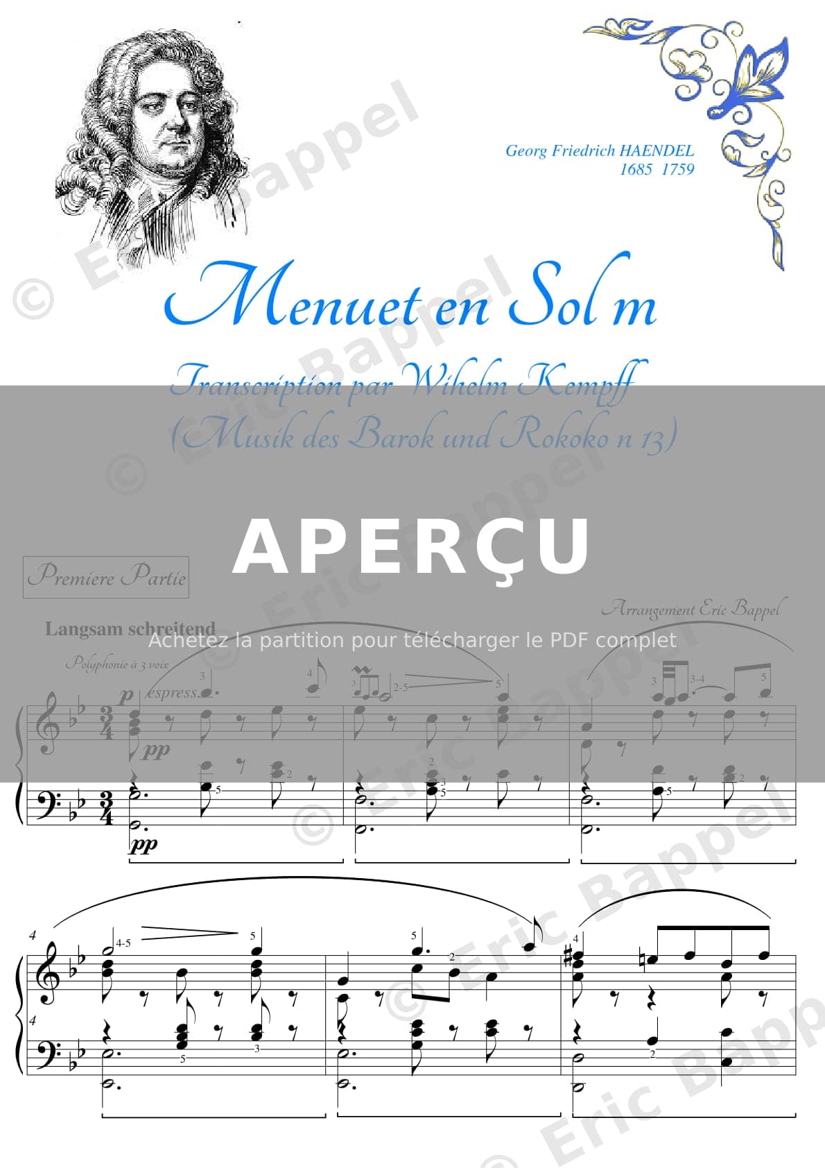 Menuet en Sol mineur, transcription de Wilhelm Kempff d'après le Menuet de la Suite en Si bémol majeur No. 1, HWV 434 – 1er cahier (Anne Queffélec) — Extrait page 1 sur 6