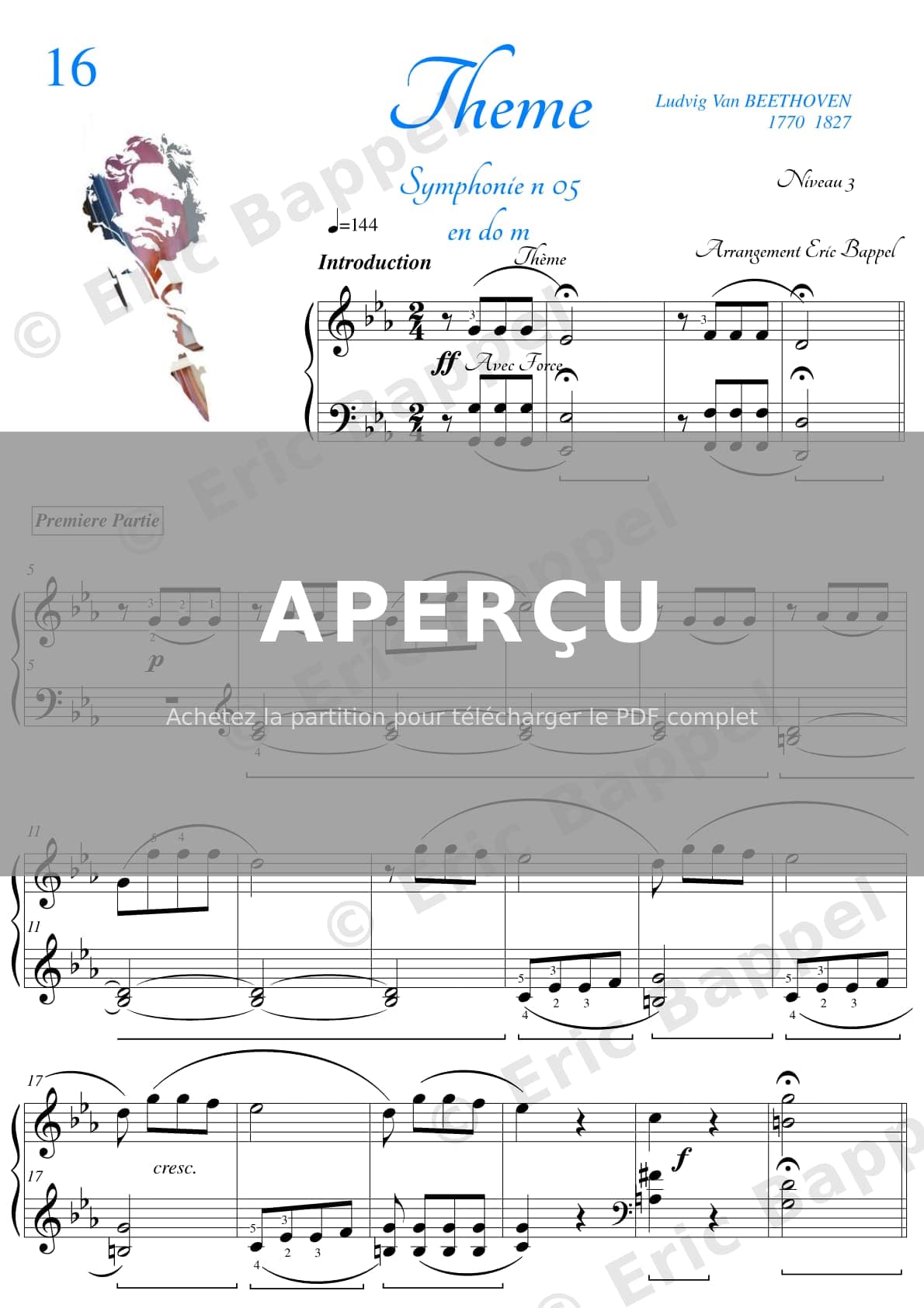 Symphonie n° 5 en Do mineur, Op. 67, arrangement pour piano (niveau 3) — Extrait page 1 sur 5
