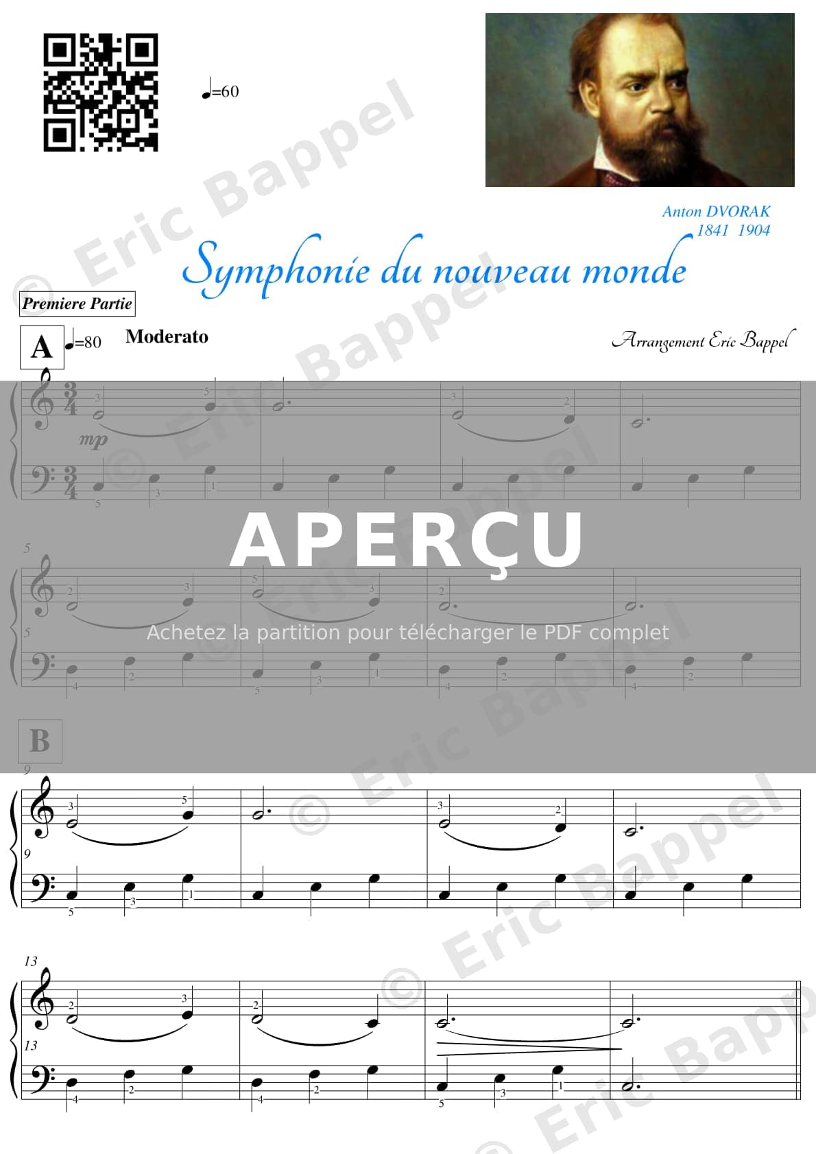 Symphonie No. 9 en Mi mineur, Op. 95 "Du Nouveau Monde": II. Largo transcrit pour piano niveau 3 — Extrait page 1 sur 2