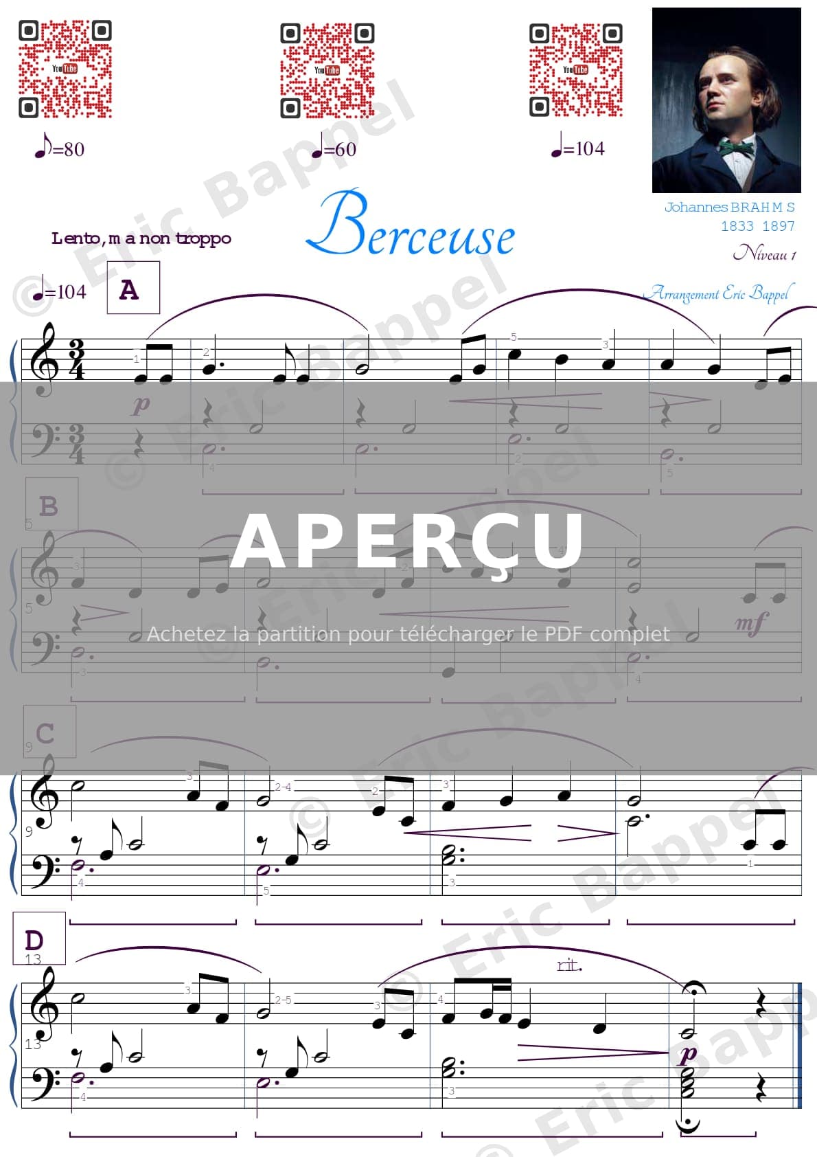 La Berceuse, Lullaby, transposée en Do majeur — Extrait page 1 sur 1