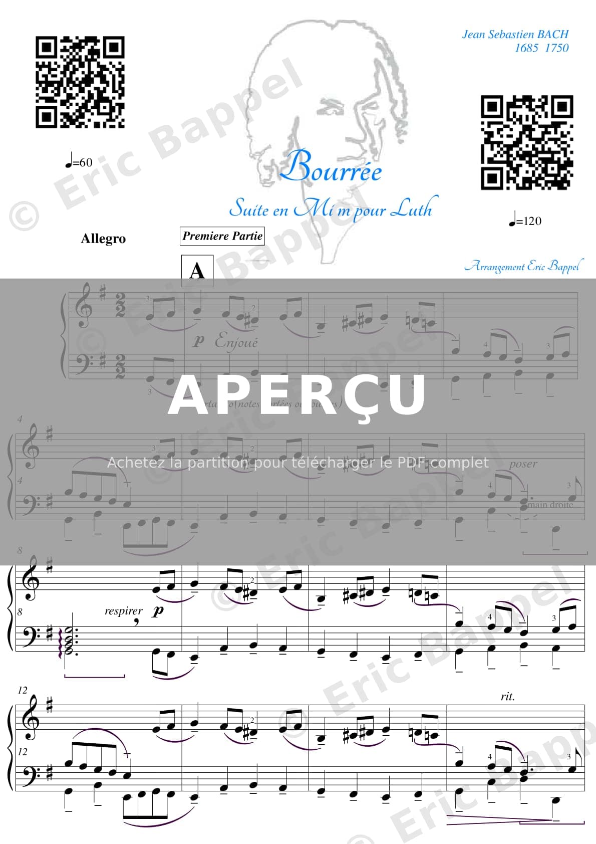 BOURREE en mi m Suite en mi m pour luth transcription pour piano — Extrait page 1 sur 2