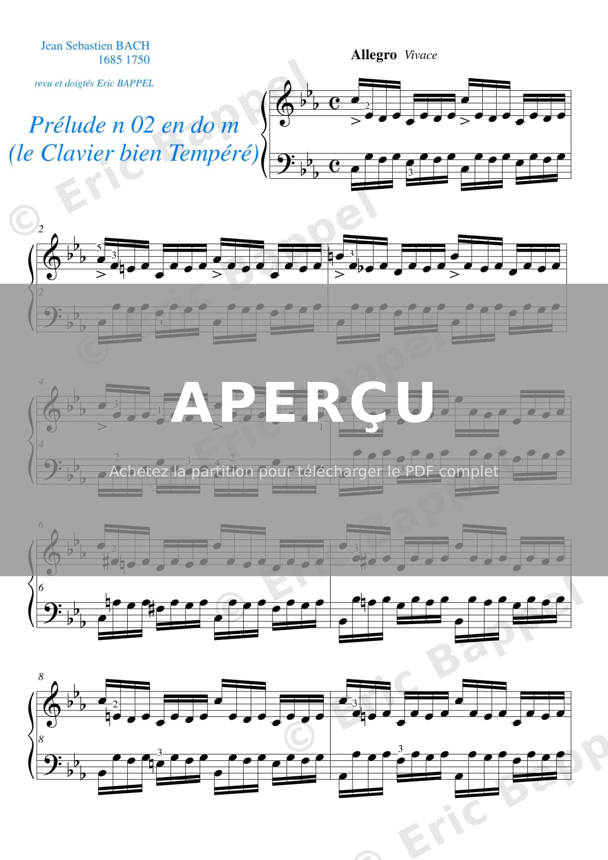 Prelude in C Minor (Well-Tempered Clavier, Book I, No. 2), BWV 847 — Extrait page 1 sur 4