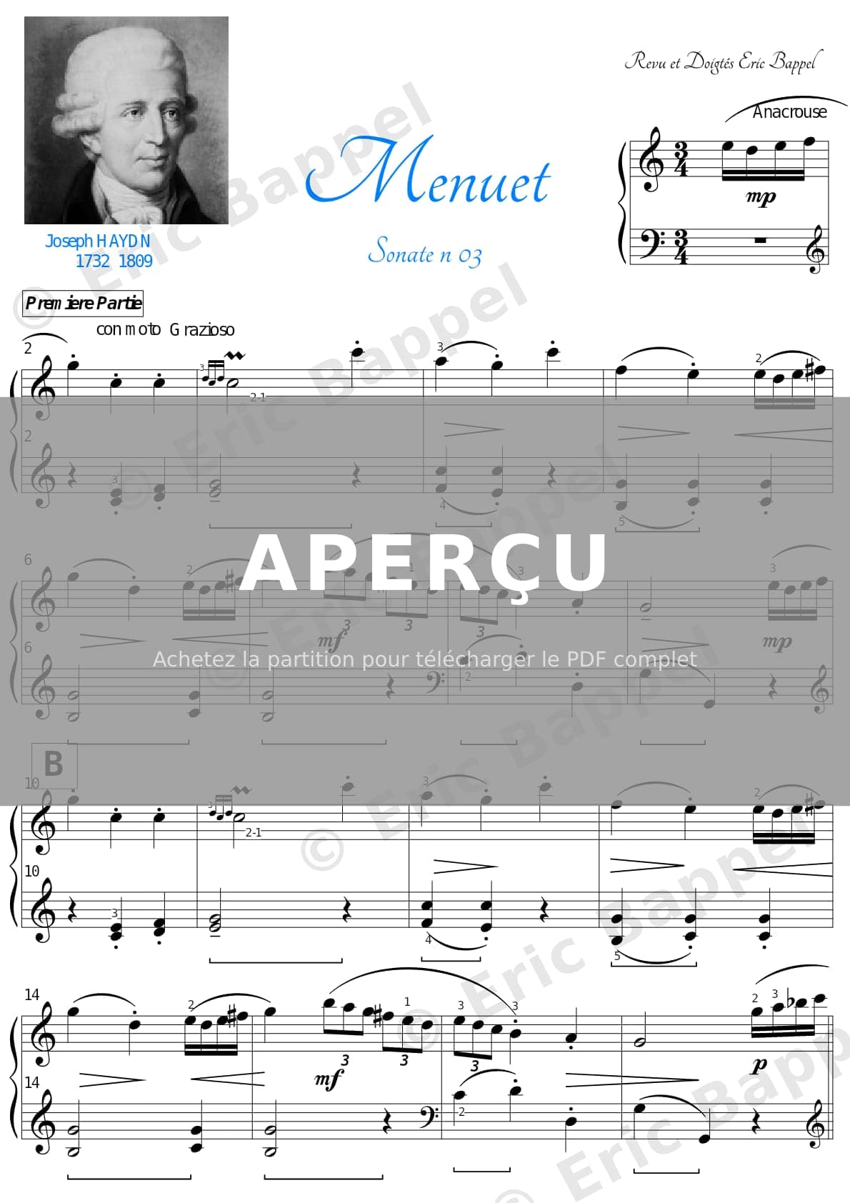 Menuet, Sonate en Do majeur, Hob. XVI:3: III. Menuet trio — Extrait page 1 sur 7
