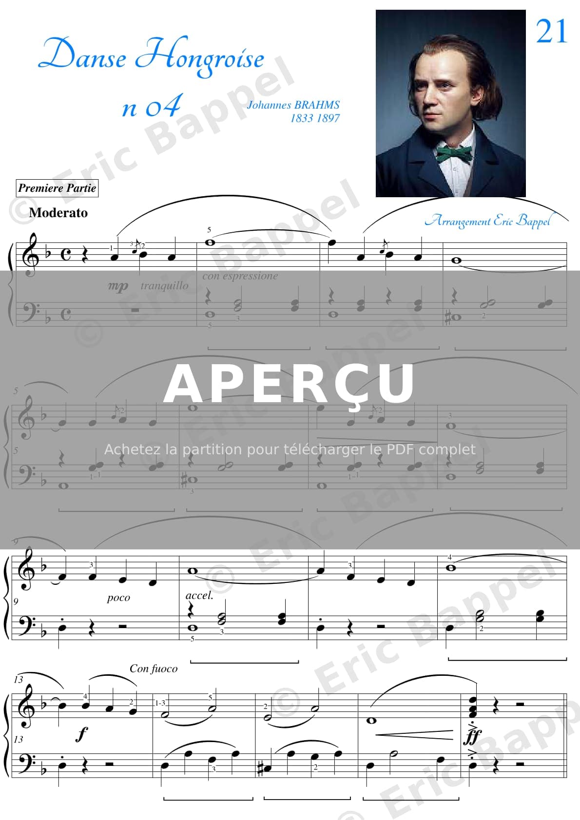 Danse hongroise n° 4 en Fa mineur. Poco sostenuto, transposée en Ré mineur pour piano — Extrait page 1 sur 4