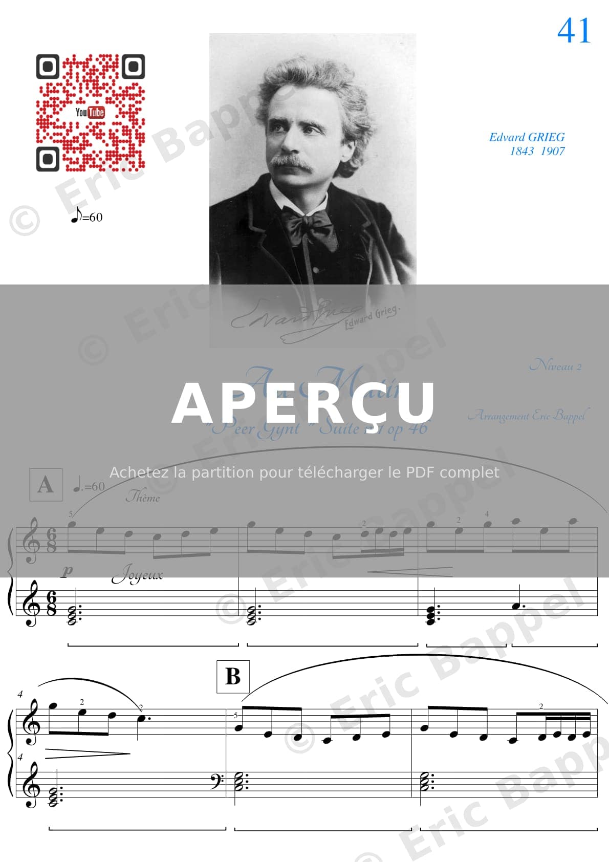 Le Matin, Peer Gynt Suite No. 1, Op. 46: I. transcrite pour piano niveau 2 — Extrait page 1 sur 4