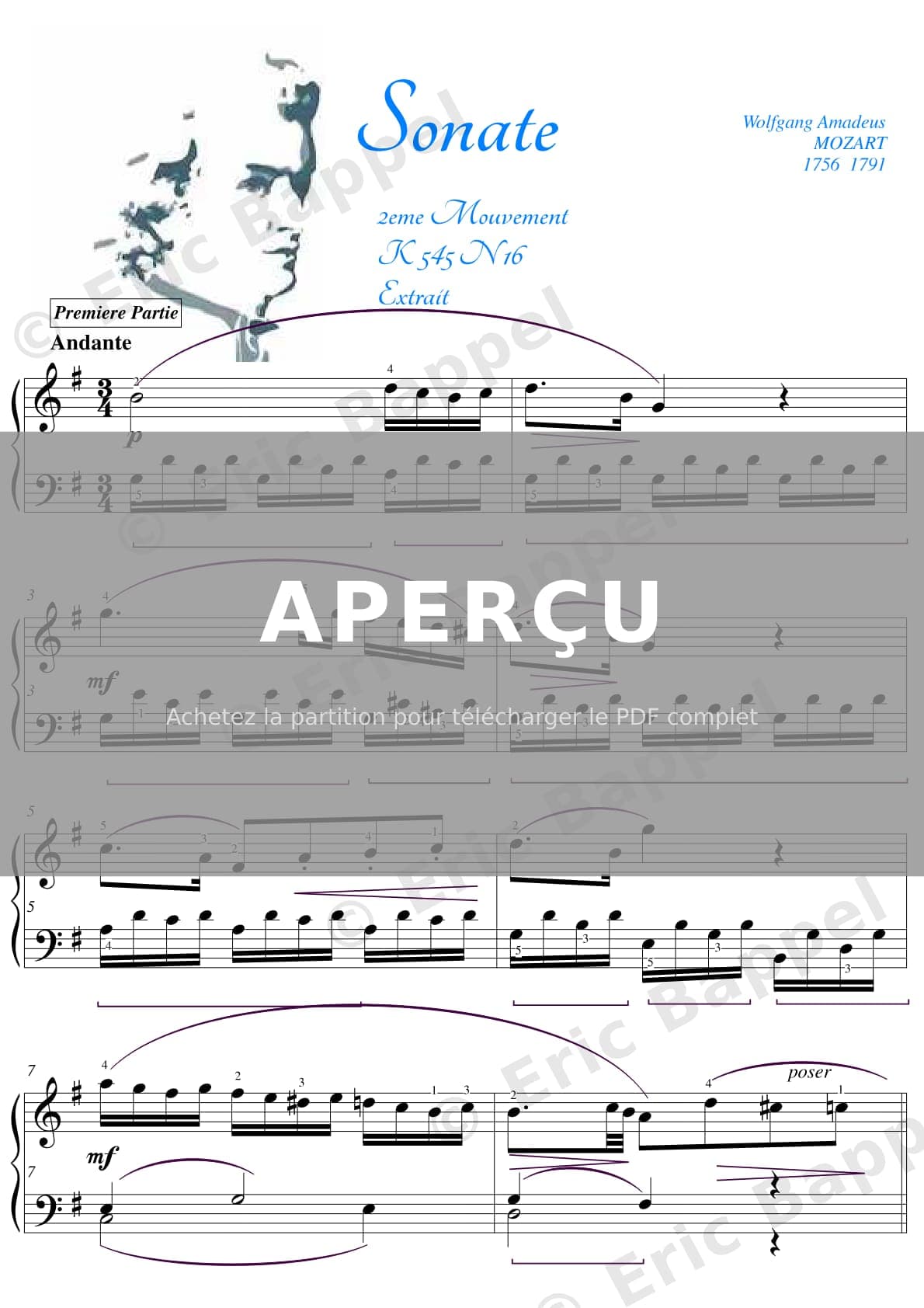 Sonate No. 16 en Do majeur, K. 545 "Sonata facile": 2ème mouvement. Andante — Extrait page 1 sur 2